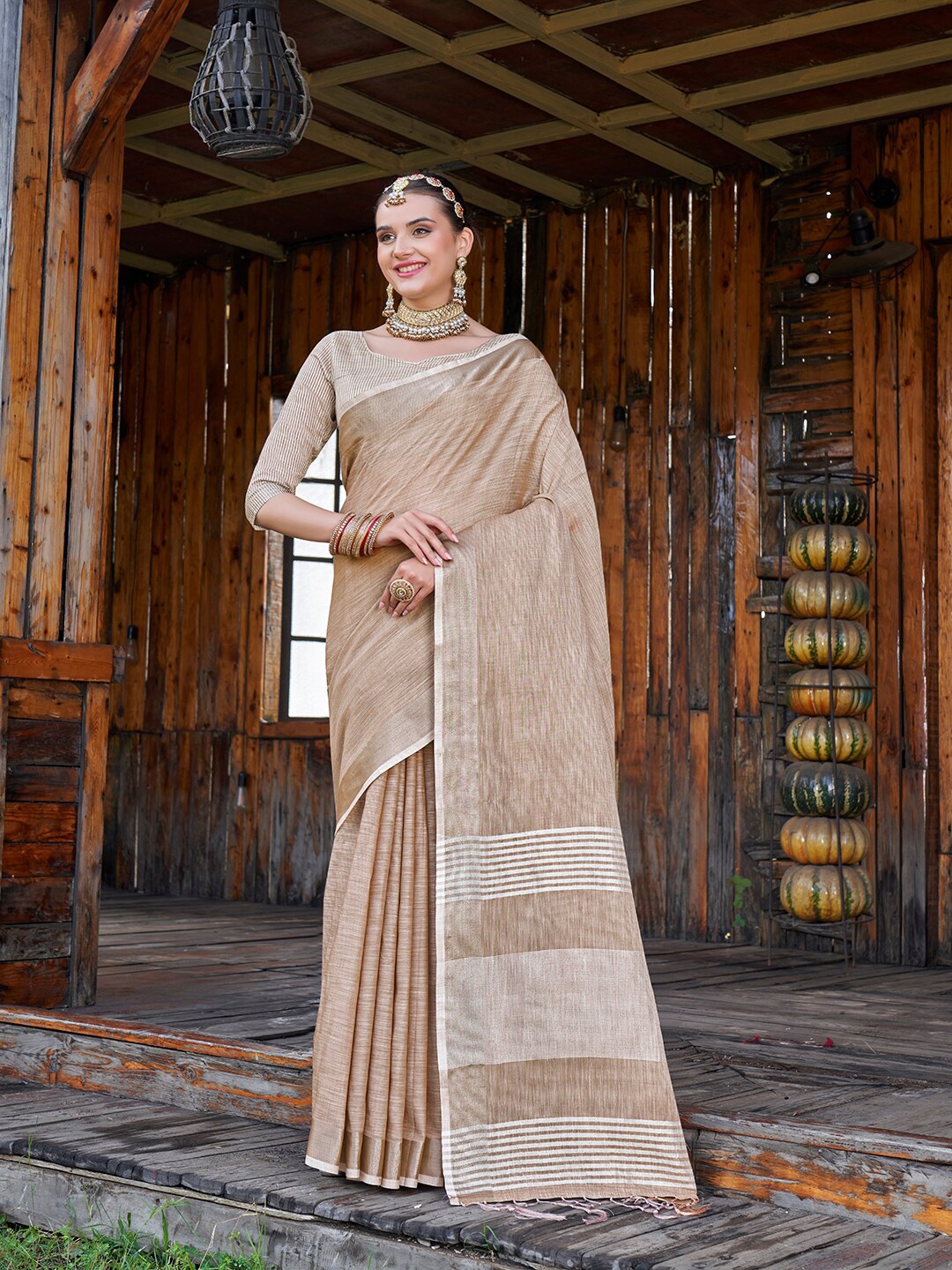 

Anouk Off White Striped Woven Design Zari Saree, Brown