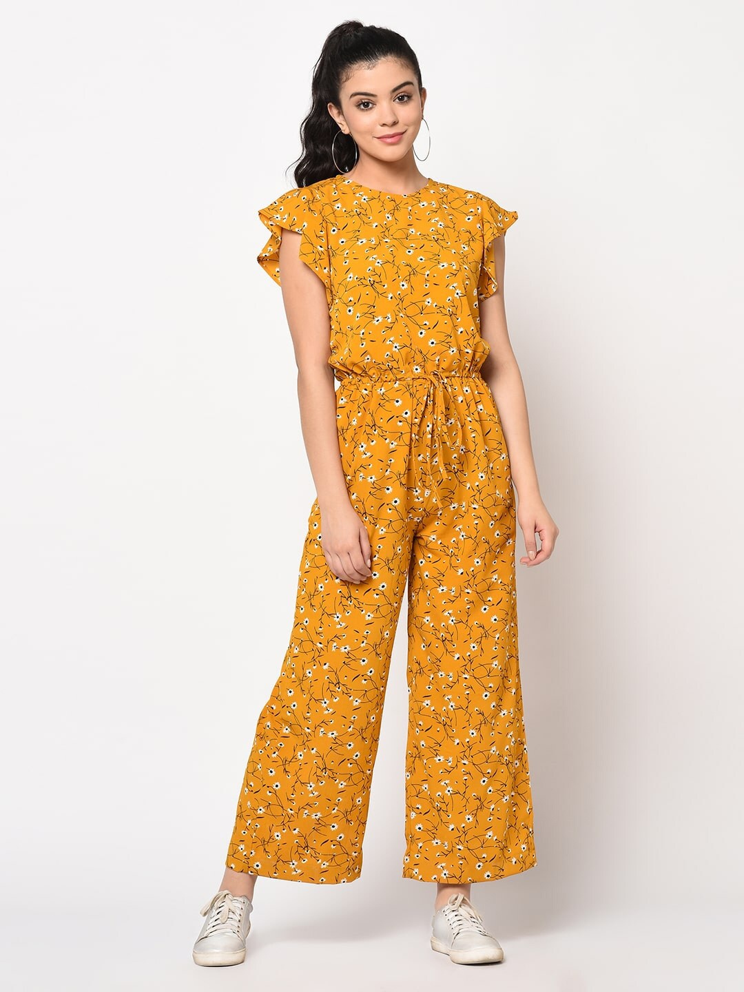 

SQew Floral Printed Flared Sleeves Waist Tie-Ups Basic Jumpsuit, Mustard