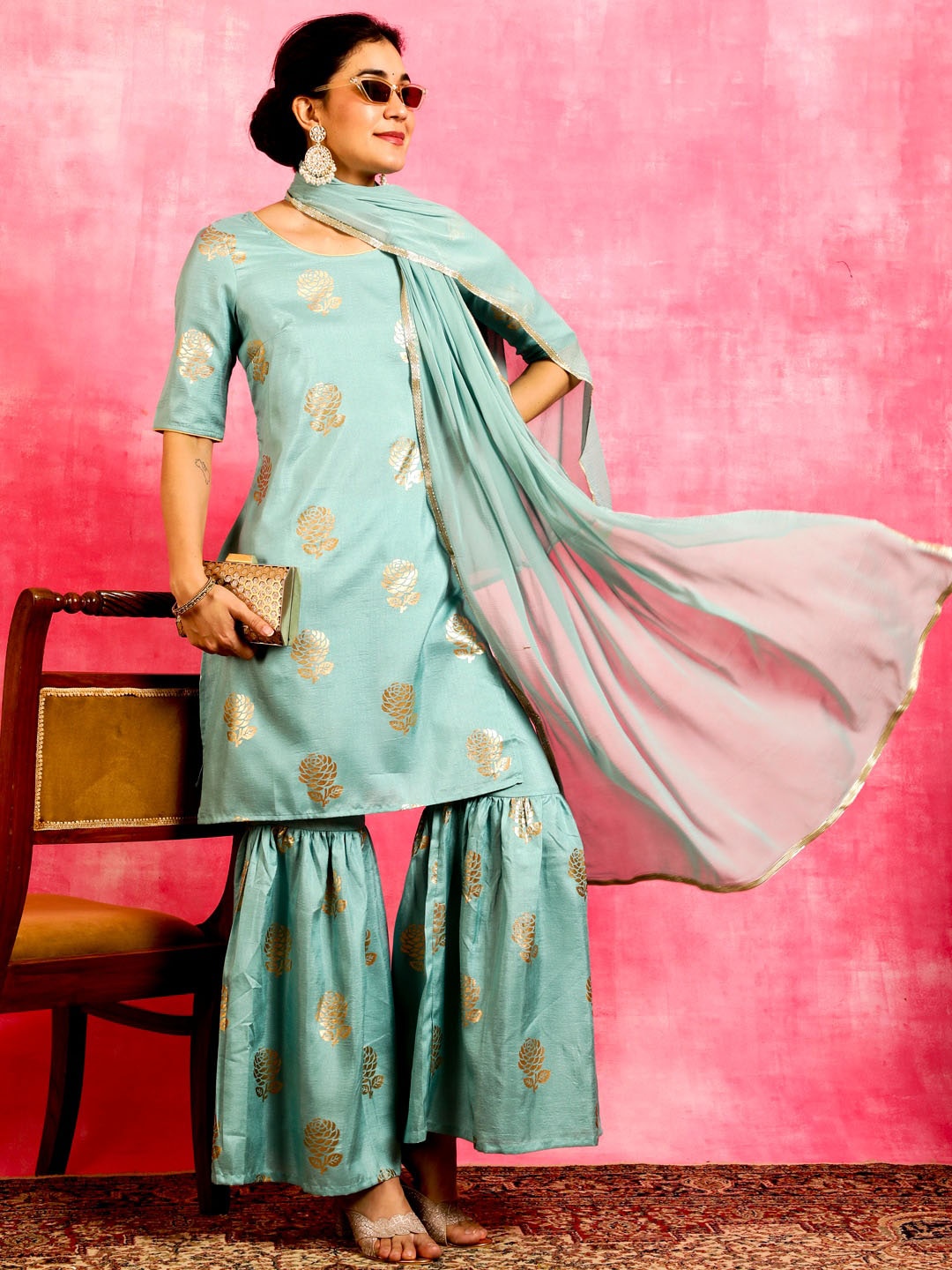 

Anouk Floral Printed Regular Kurta With Sharara & Dupatta, Blue