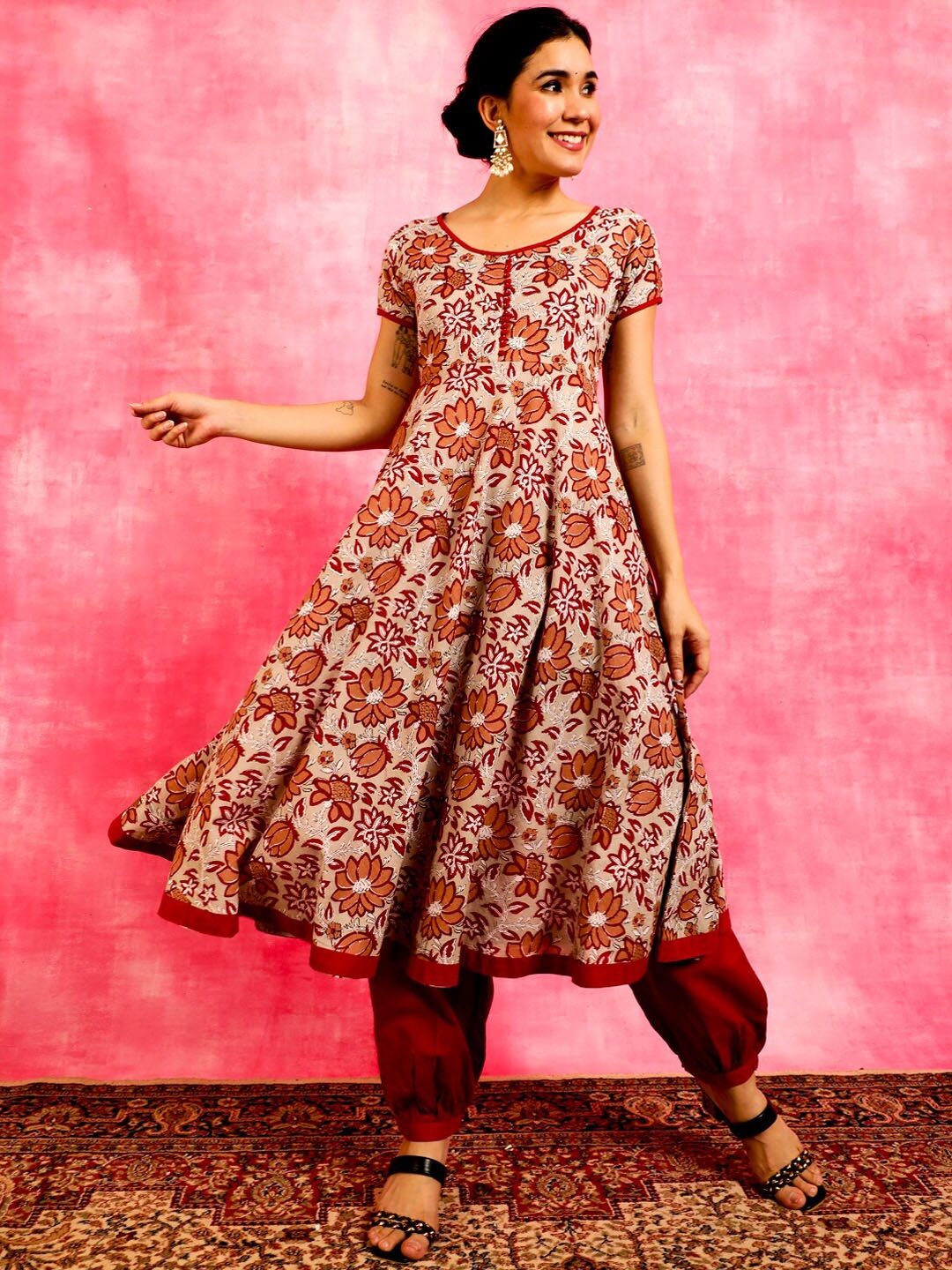 

Anouk Maroon Floral Printed Anarkali Pure Cotton Kurta with Salwar