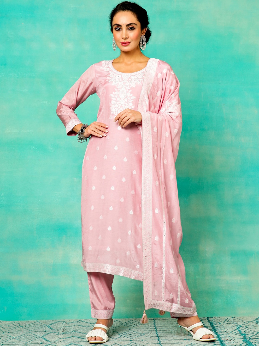 

Anouk Floral Woven Design Regular Kurta With Trousers & Dupatta, Pink
