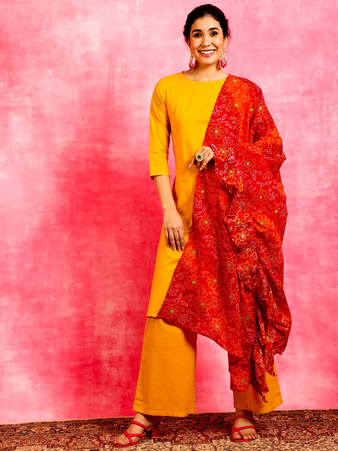 

Anouk Yellow Round Neck Pure Cotton A-Line Kurta & Palazzos With Dupatta