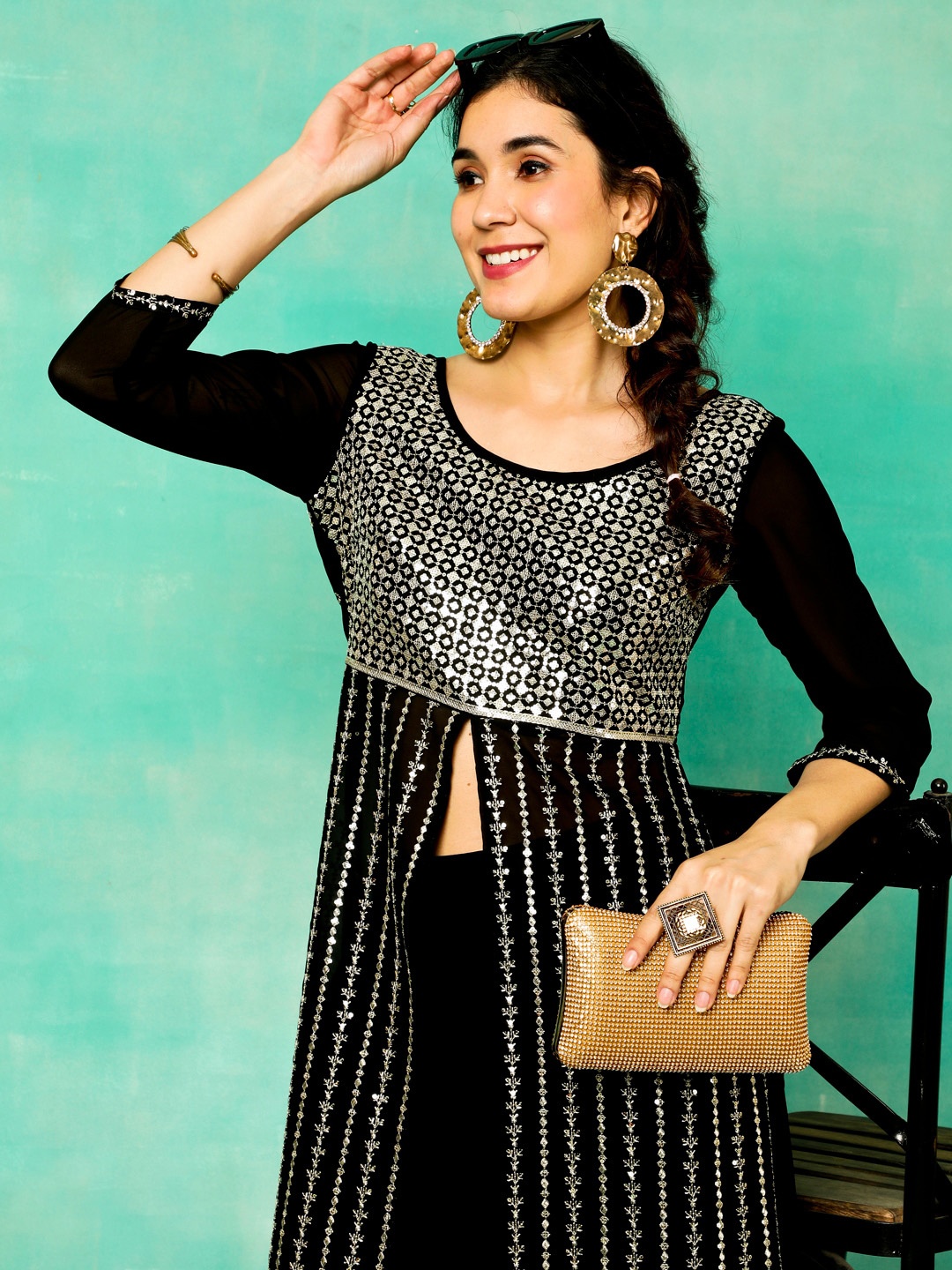 

Anouk Ethnic Motifs Embroidered Sequinned Straight Kurta With Palazzos, Black