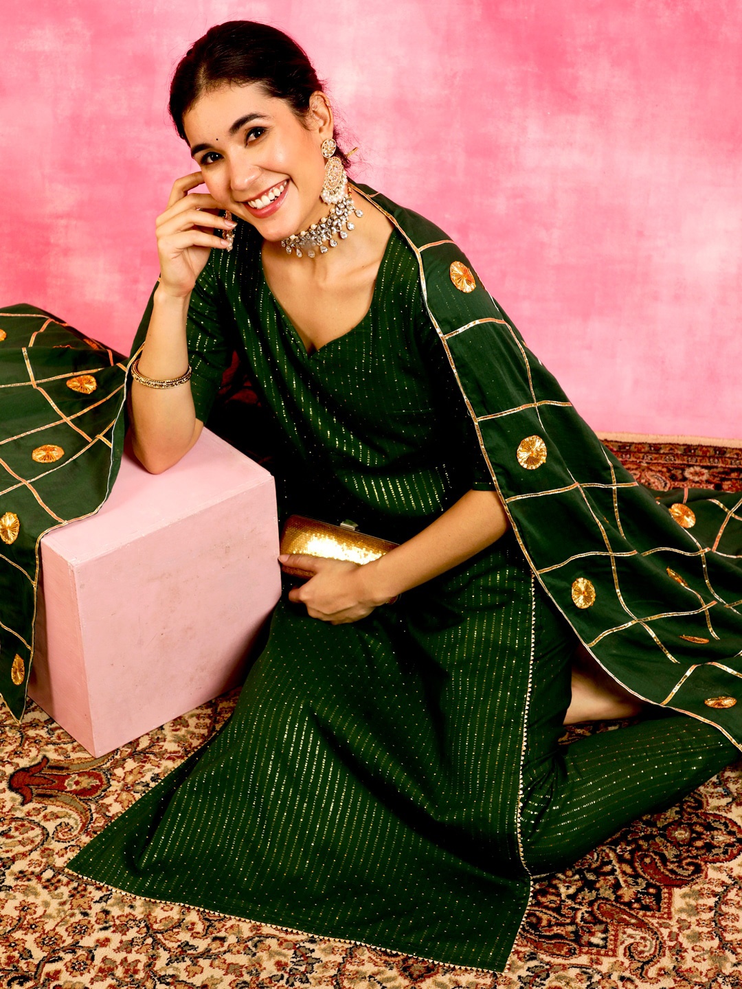 

Anouk Embellished Gotta Patti Pure Cotton Kurta & Trousers With Dupatta, Green