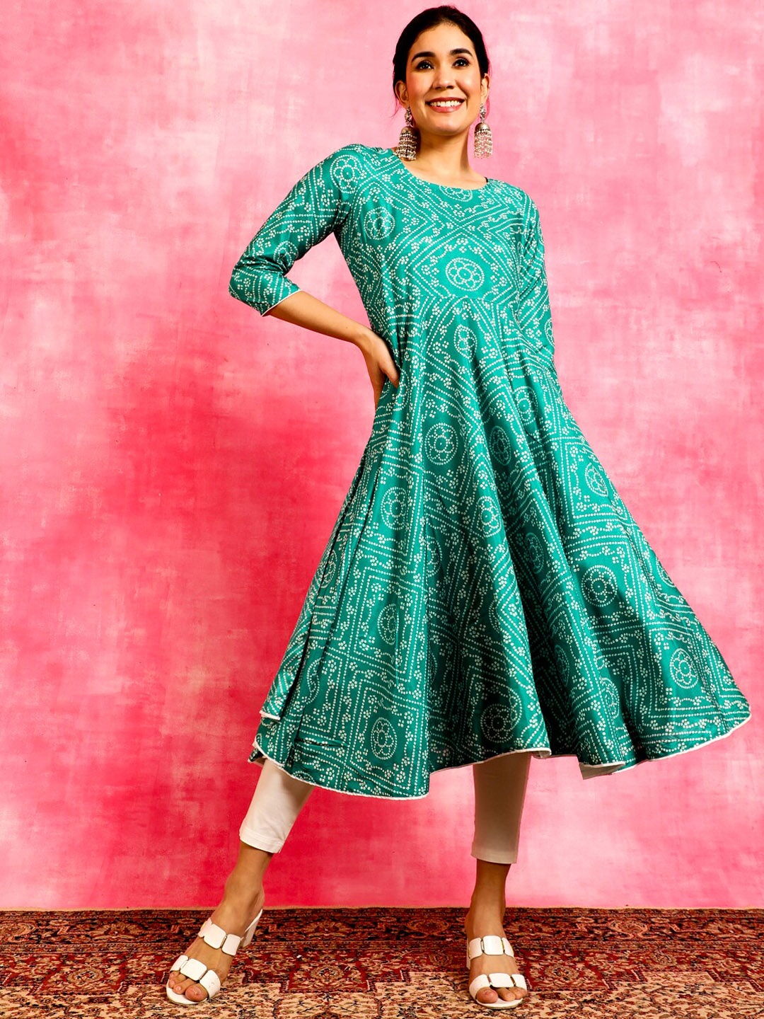 

Anouk Bandhani Printed Flared Anarkali Silk Kurta, Green