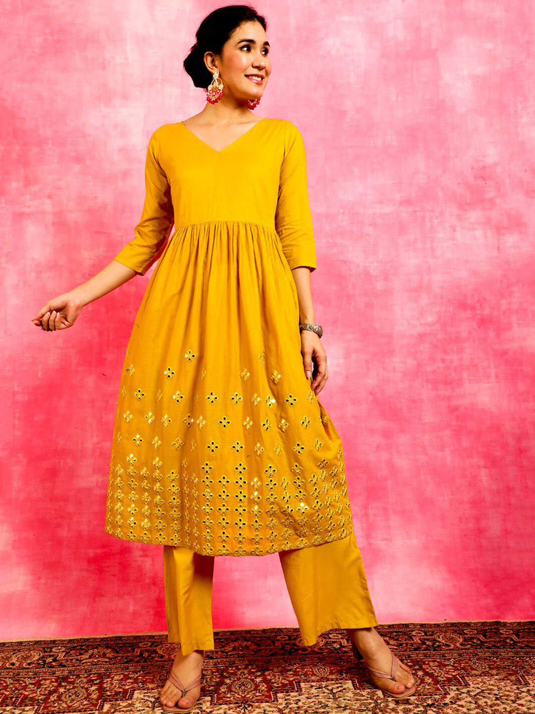 

Anouk Embellished Mirror Work Cotton Anarkali Kurta, Yellow