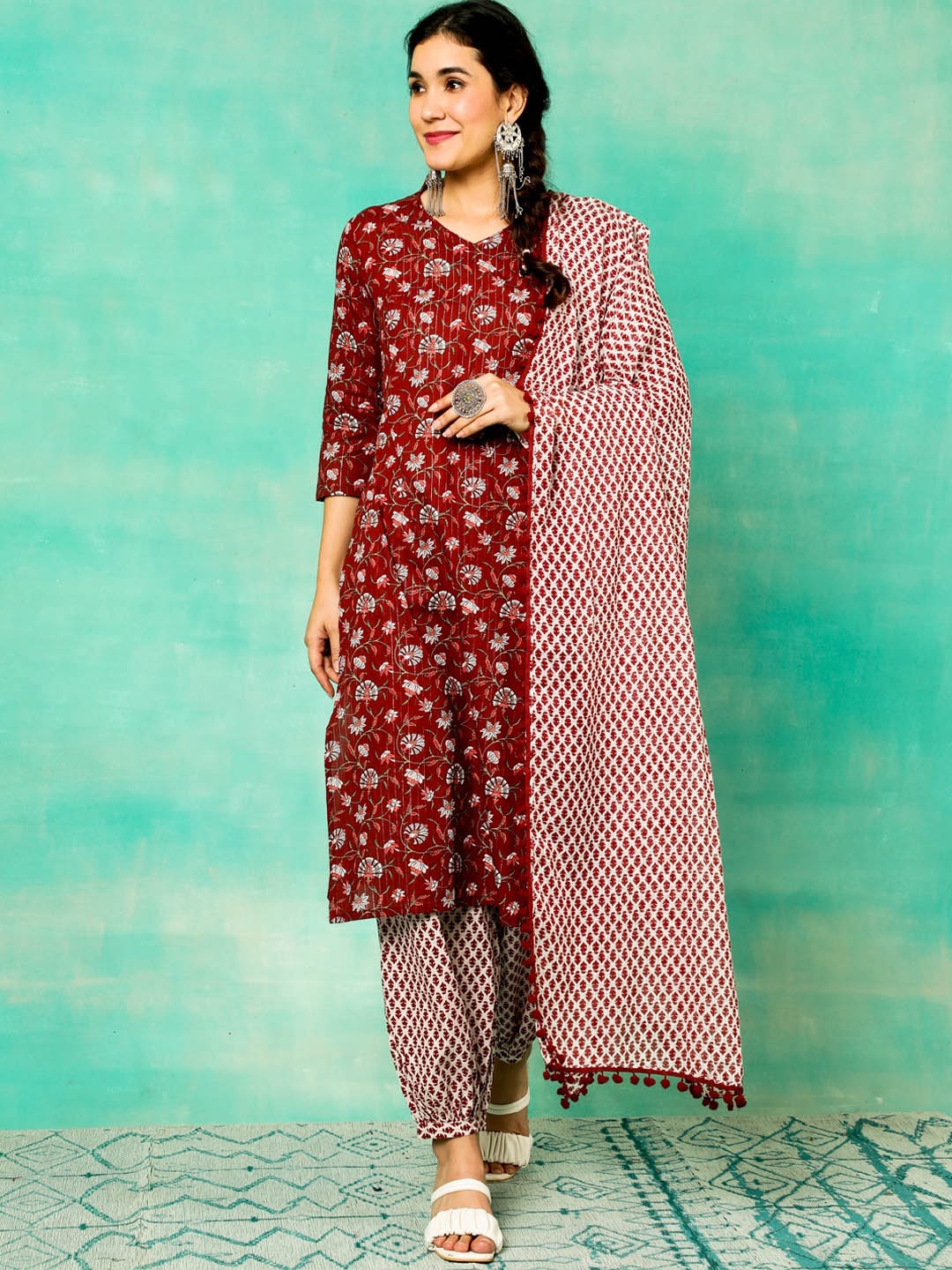 

Anouk Ethnic Motifs Printed Pure Cotton Kurta & Salwar With Dupatta, Maroon