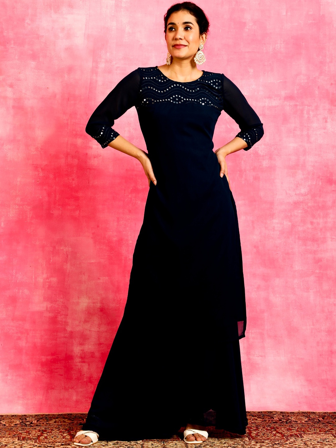 

Anouk Blue Yoke Design Round Neck Straight Mirror Work Kurta