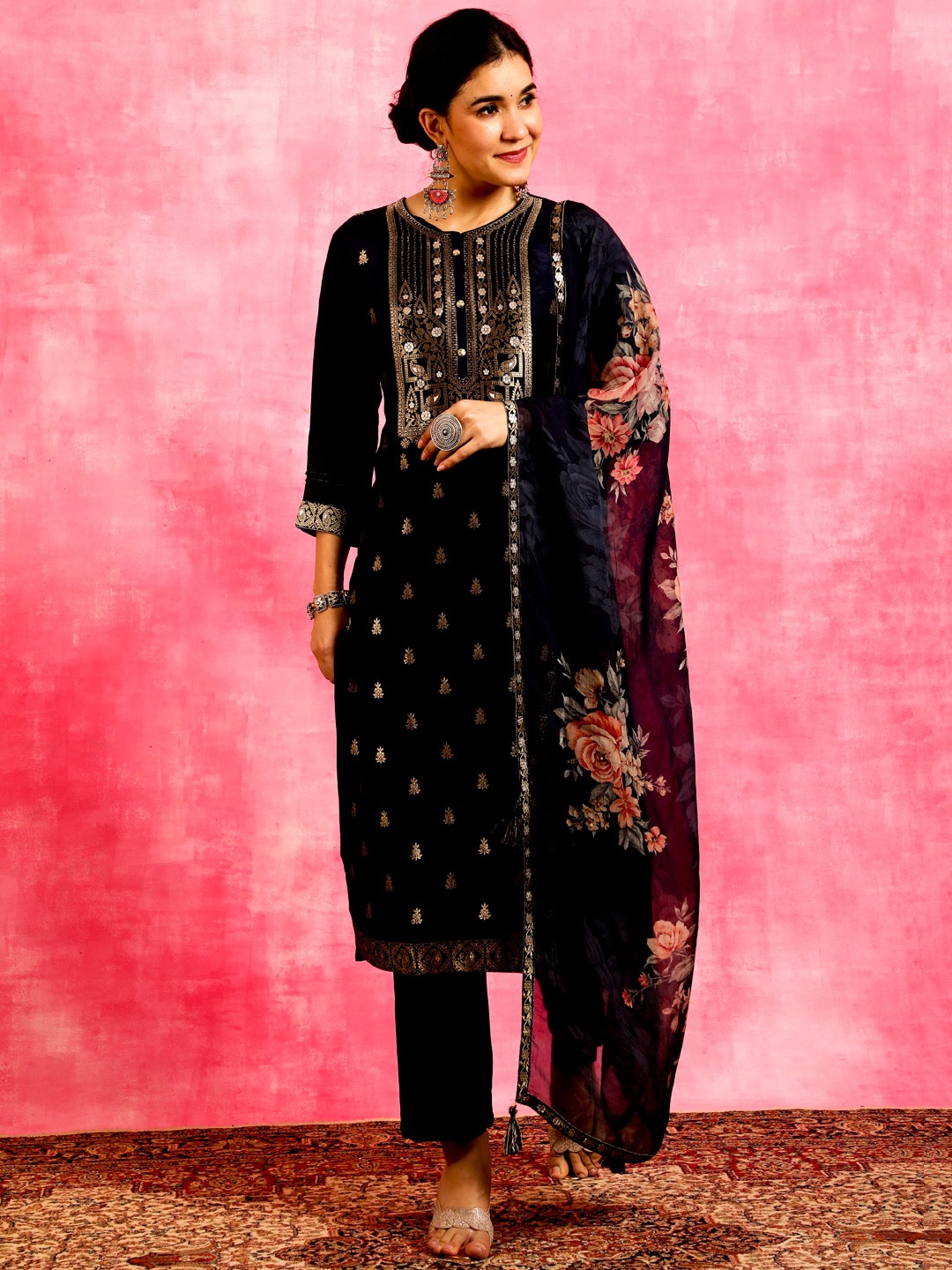 

Anouk Floral Printed Regular Chanderi Silk Kurta With Trousers & Dupatta, Navy blue