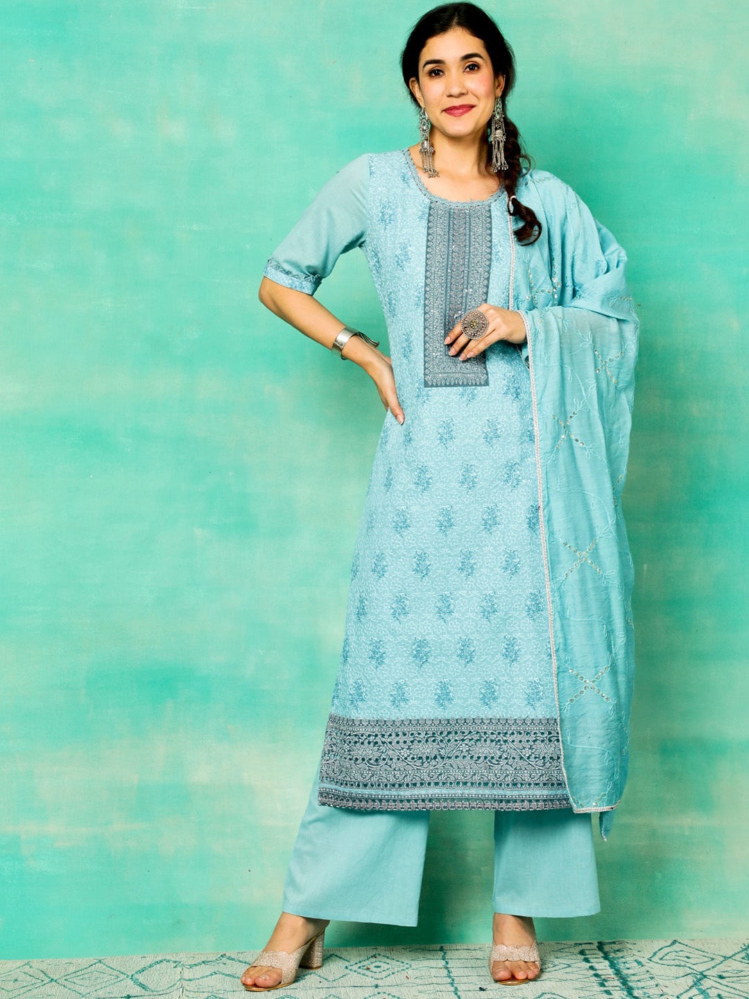 

Anouk Floral Embroidered Regular Mirror Work Pure Cotton Kurta With Palazzos & Dupatta, Turquoise blue