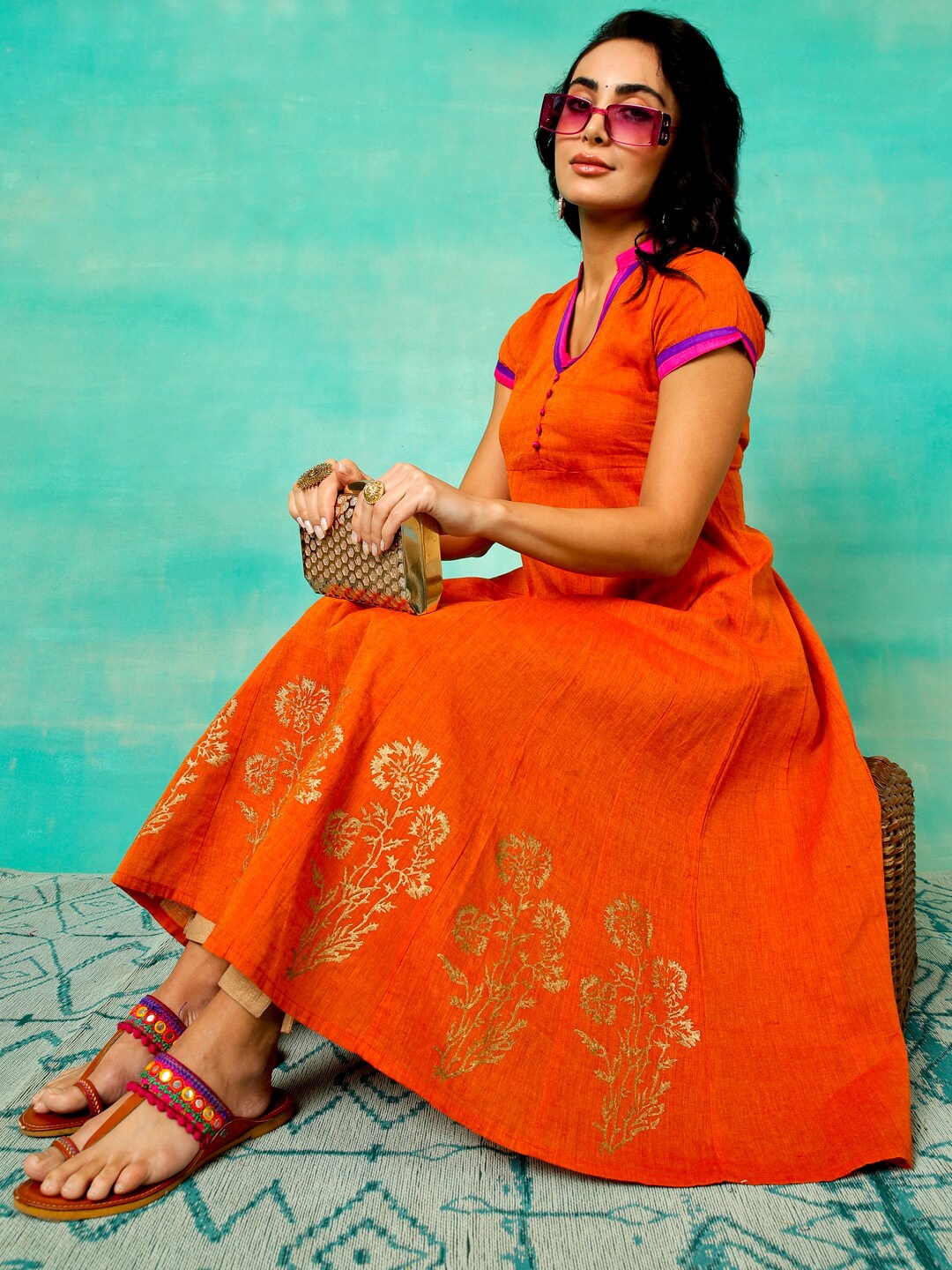 

Anouk Orange Mandarin Collar A-Line Cotton Anarkali Kurta