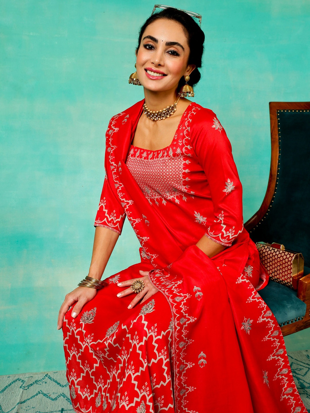 

Anouk Red Ethnic Motifs Printed Square Neck Straight Kurta & Palazzos With Dupatta