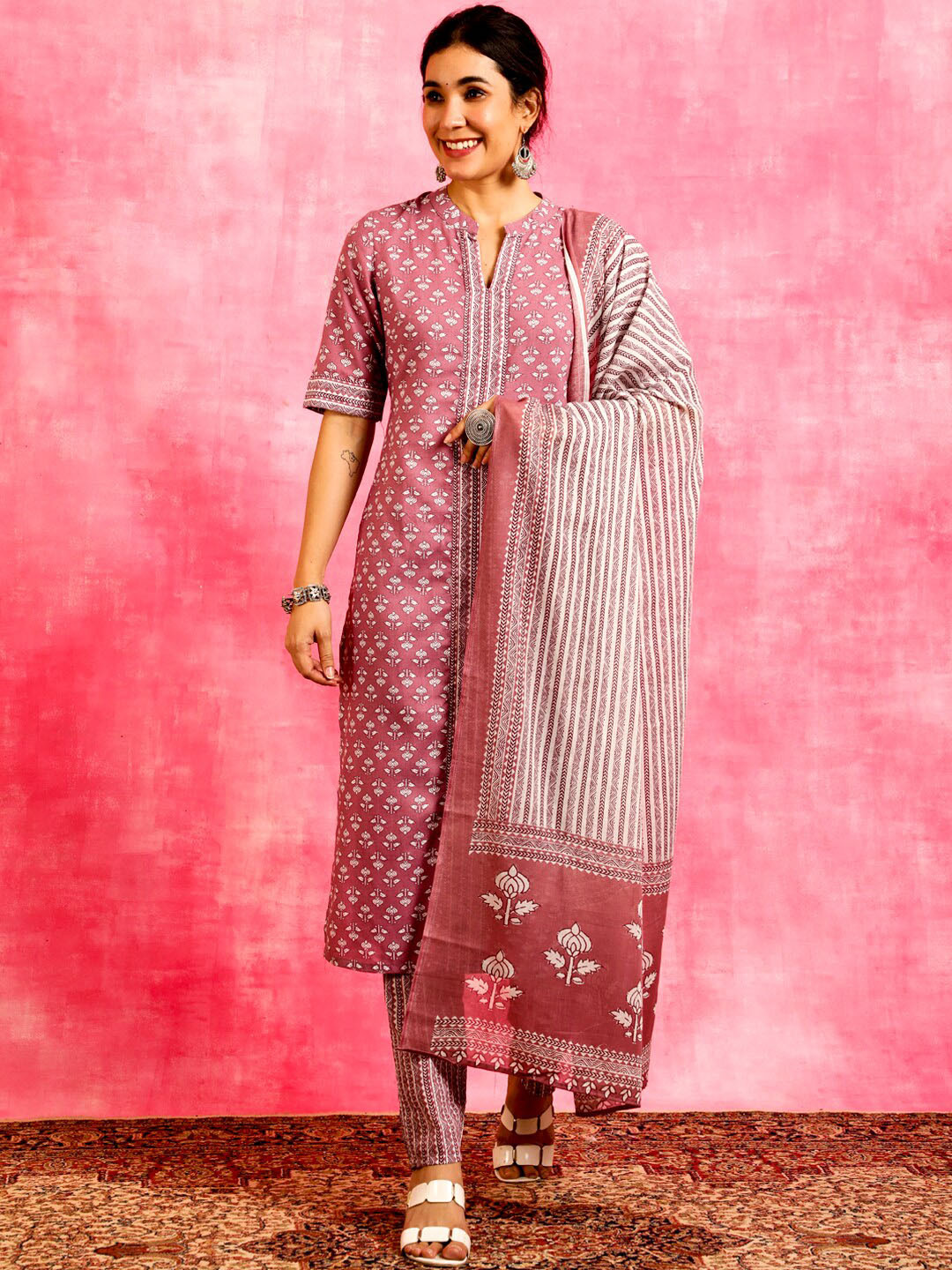 

Anouk Pink Ethnic Motifs Printed Pure Cotton Kurta With Trousers & Dupatta