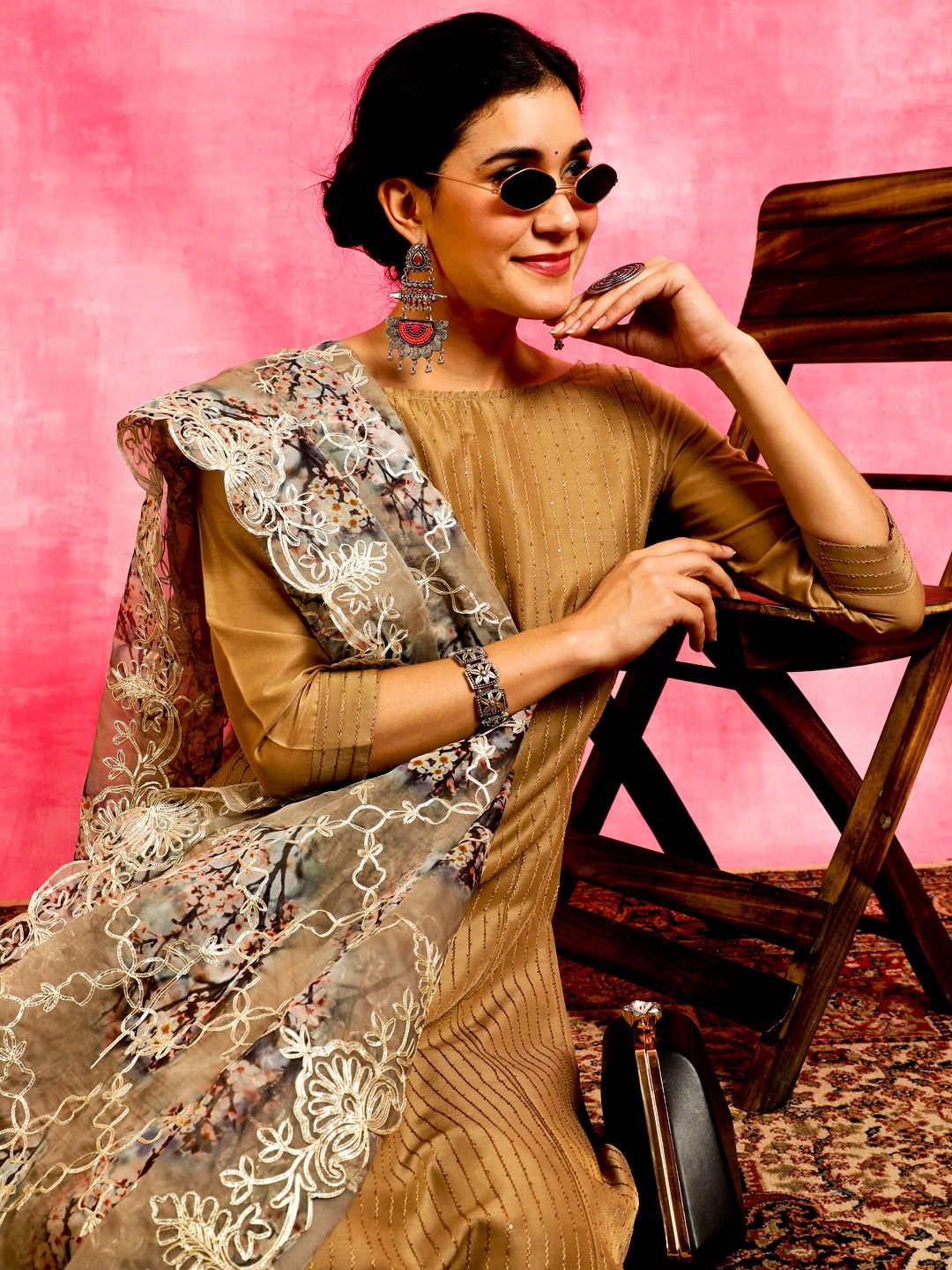 

Anouk Beige Striped Sequinned Straight Kurta & Palazzos With Dupatta