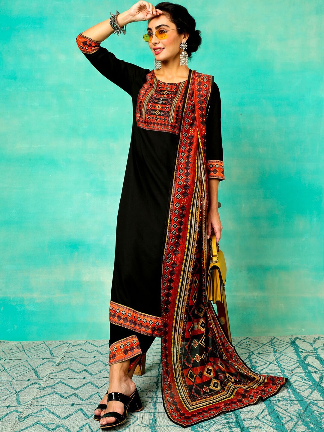 

Anouk Black Ethnic Motifs Printed A-Line Kurta With Trousers & Dupatta