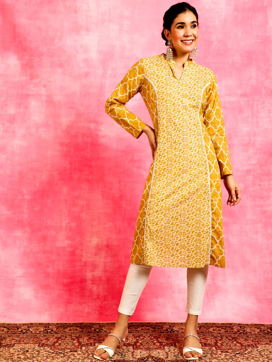 

Anouk Geometric Printed Cotton A-line Kurta, Mustard