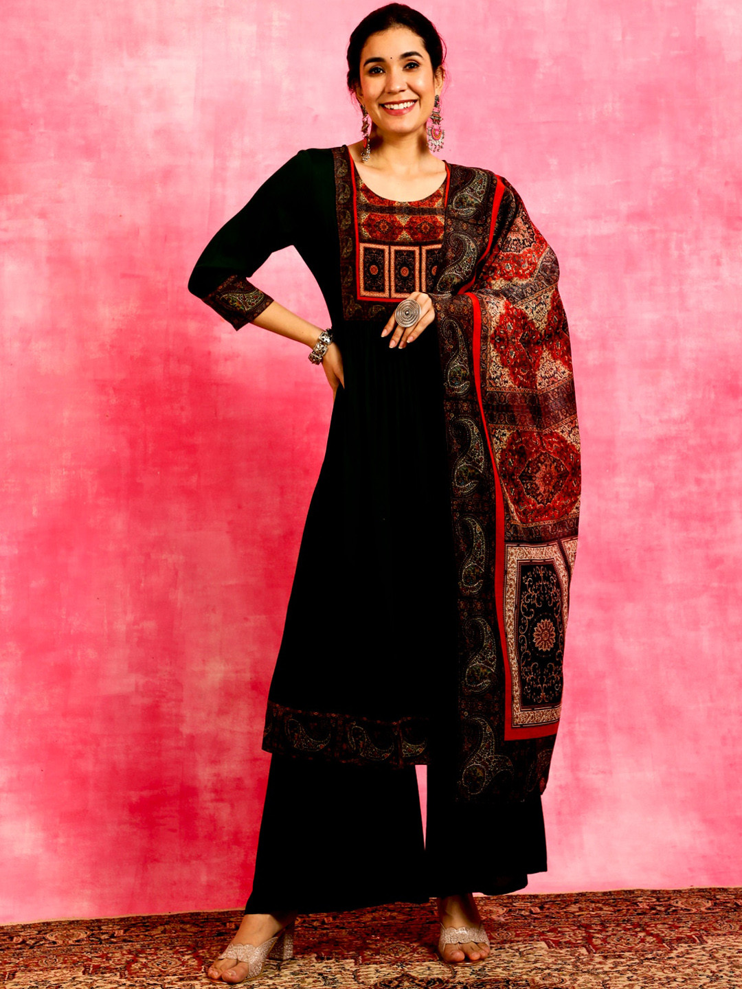 

Anouk Ethnic Motifs Printed Regular Kurta With Palazzos & Dupatta, Green