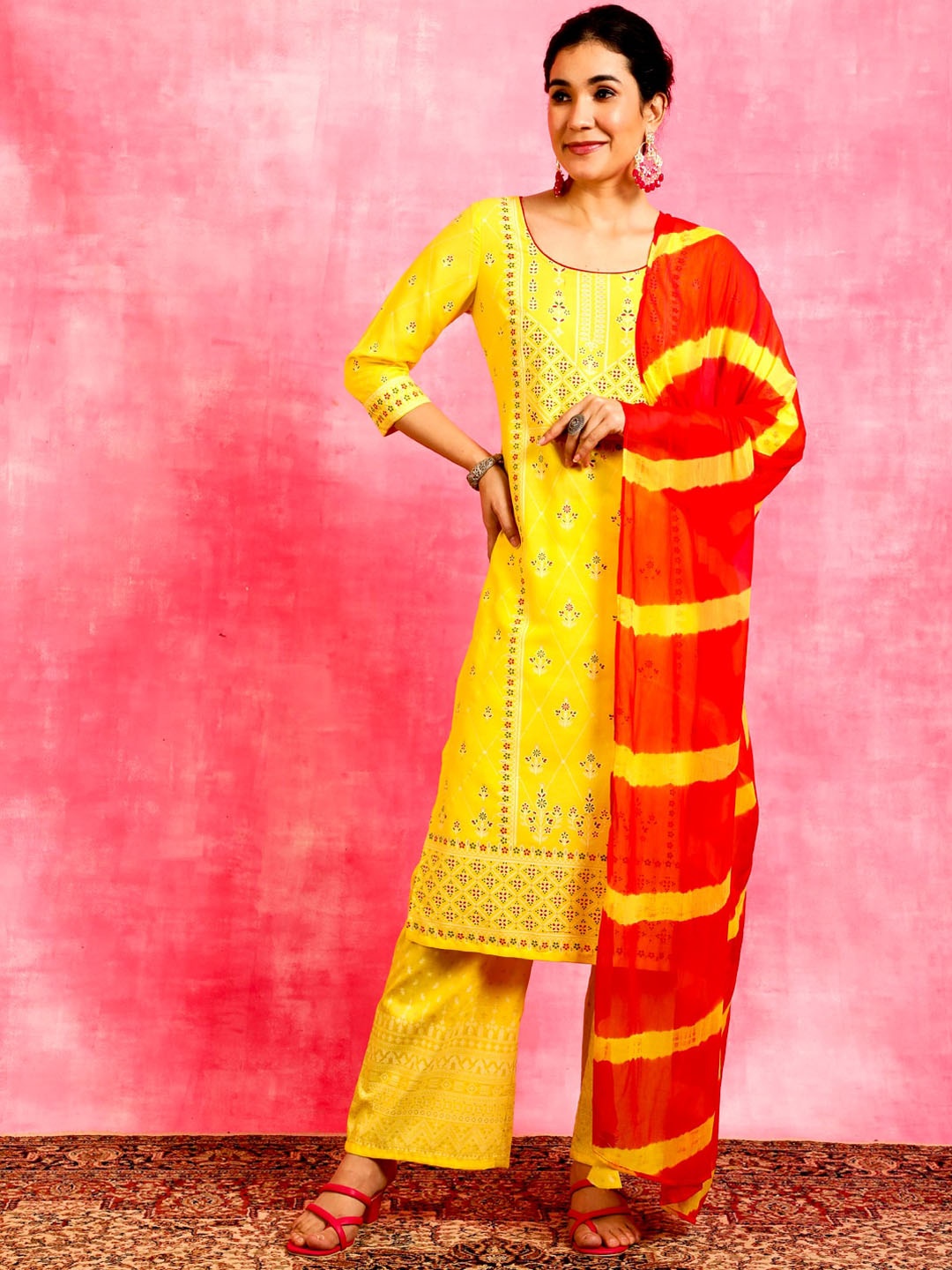 

Anouk Yellow Ethnic Motifs Printed Round Neck Straight Kurta & Palazzos With Dupatta