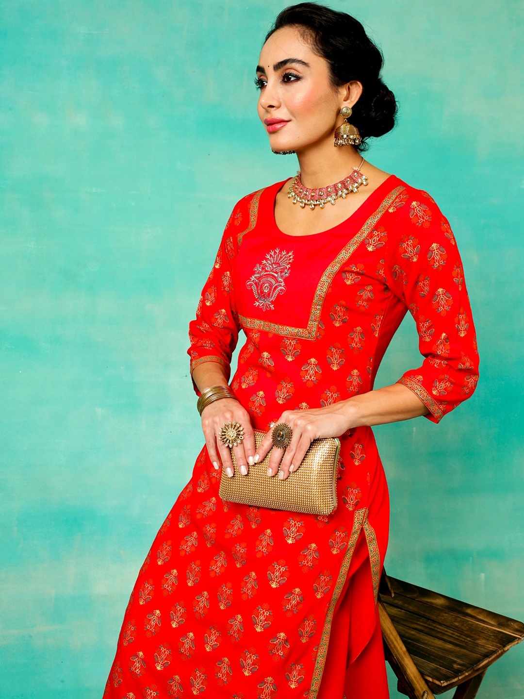 

Anouk Red Ethnic Motifs Foil Printed Thread Work Straight Kurta With Palazzo