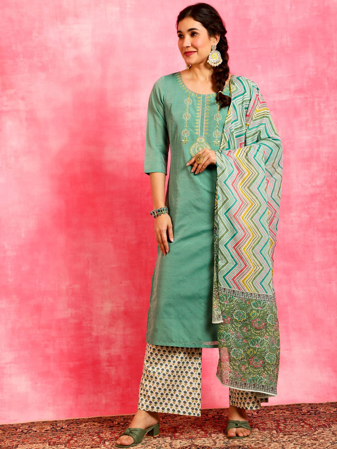 

Anouk Ethnic Motifs Printed Chanderi Silk Straight Kurta With Palazzos & Dupatta, Green