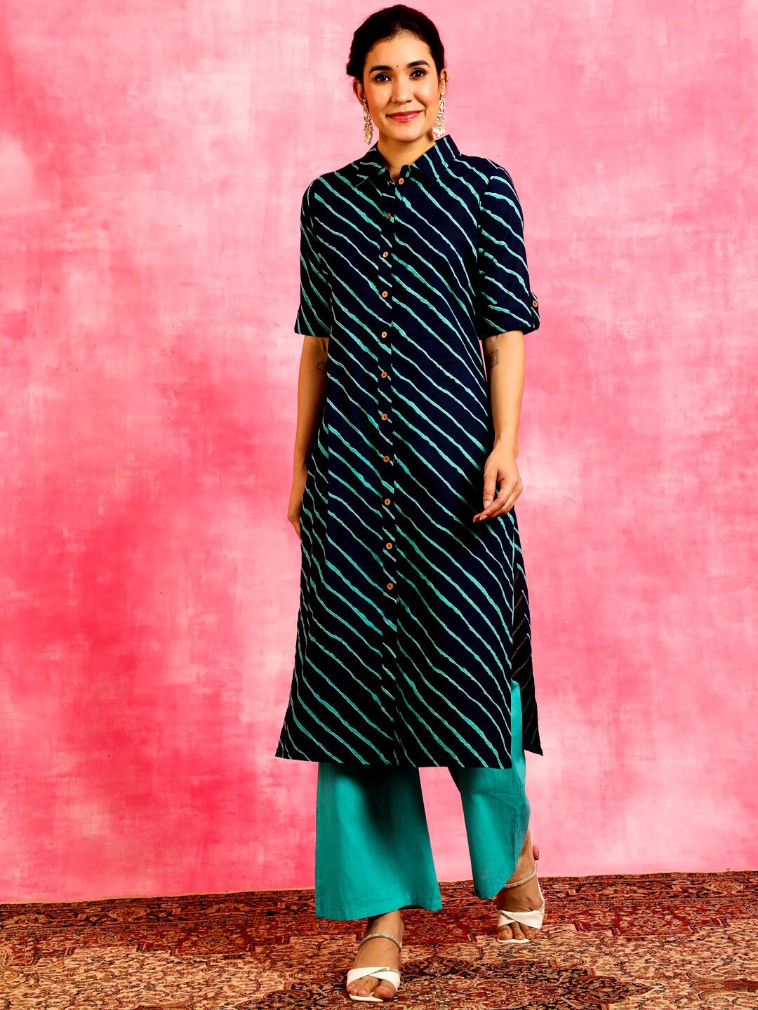 

Anouk Leheriya Printed Shirt Collar Pure Cotton Straight Kurta, Blue