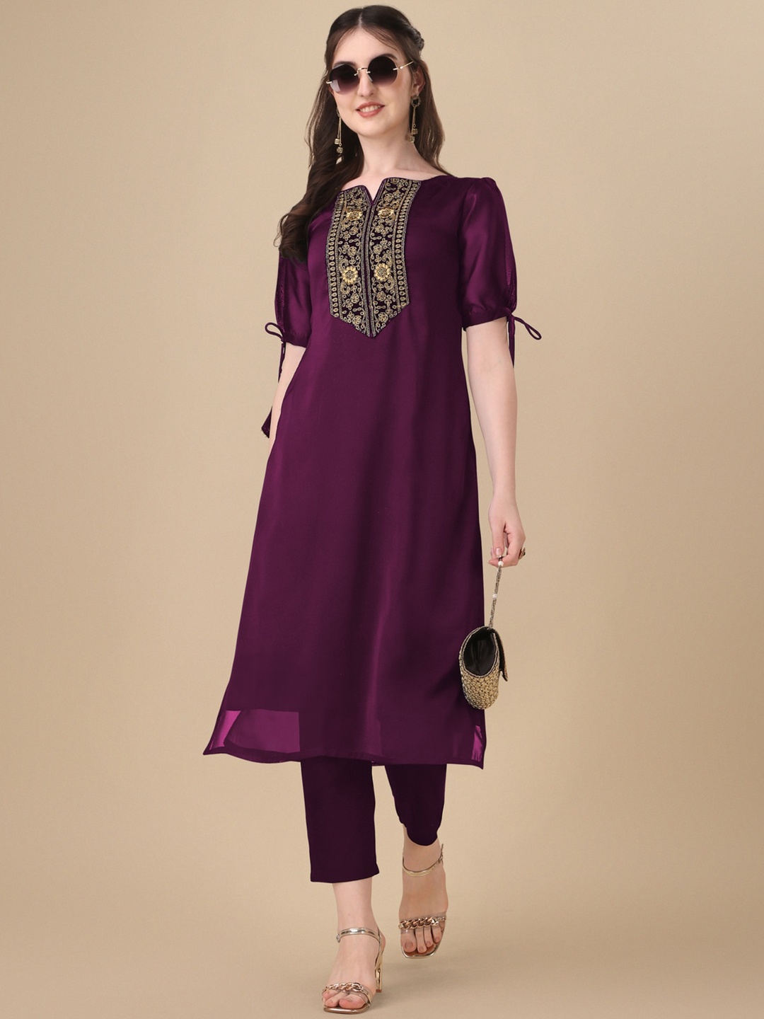 

GOROLY Ethnic Motifs Yoke Design Thread Work A-Line Kurta, Purple