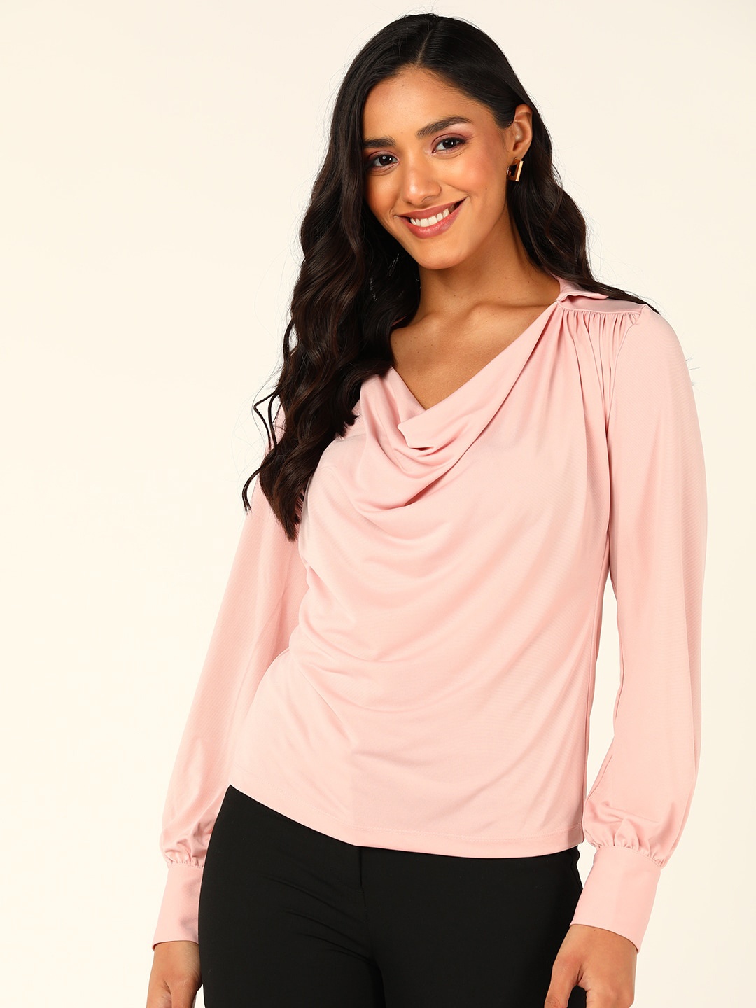 

Mast & Harbour Peach-Coloured Cowl Neck Cuffed Sleeves Regular Top