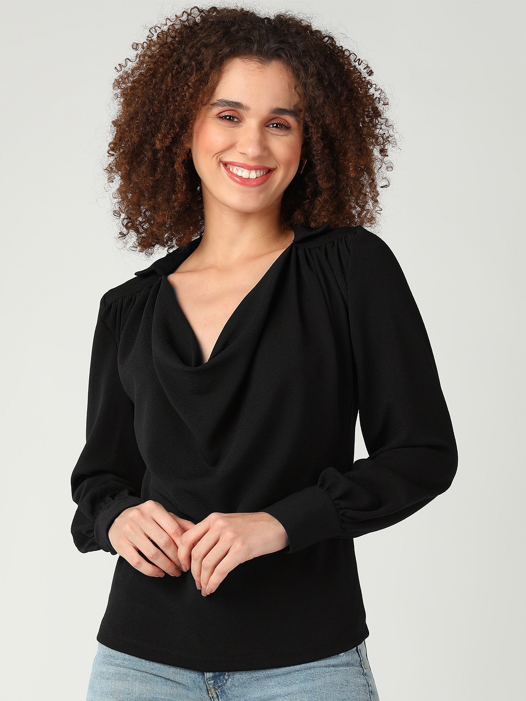 

Mast & Harbour Black Cowl Neck Cuffed Sleeves Regular Top