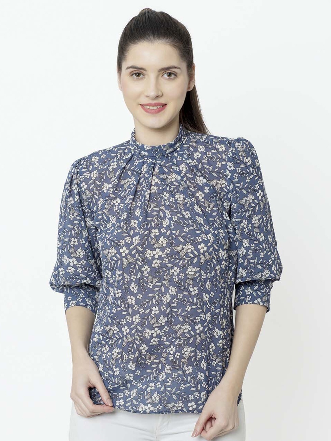 

SQew Floral Printed High Neck Puffed Sleeves Top, Grey