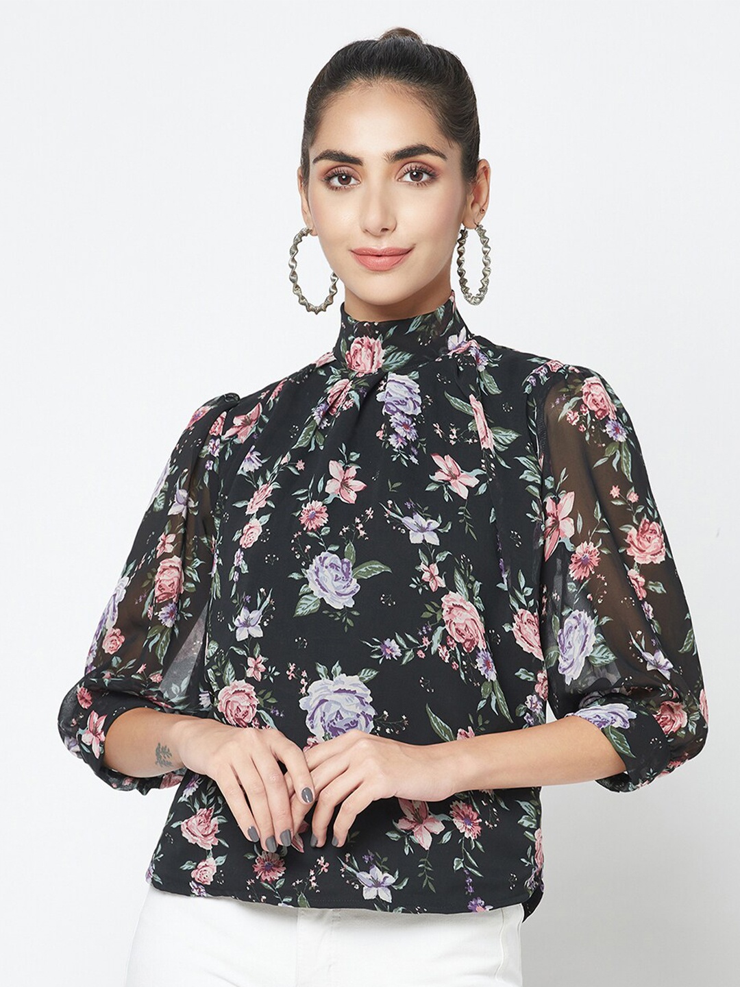 

SQew Floral Printed High Neck Puffed Sleeves Top, Black