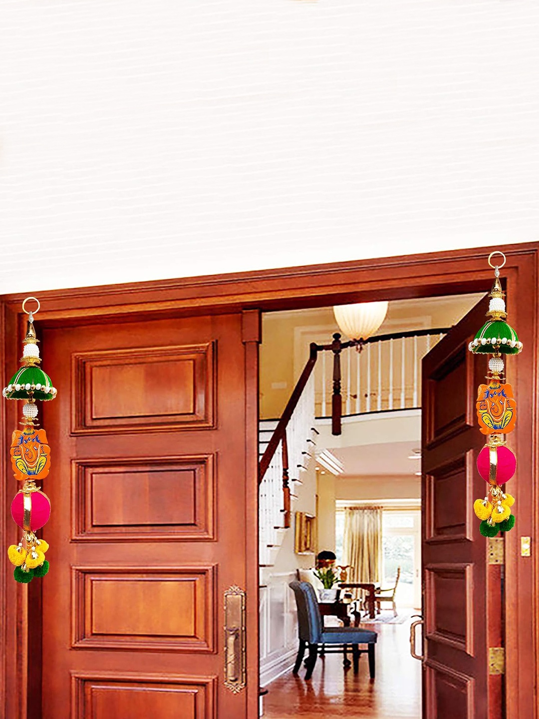 Ascension 2-Pcs Pink Wood Ganesh ji Pom Pom Side Door Toran
