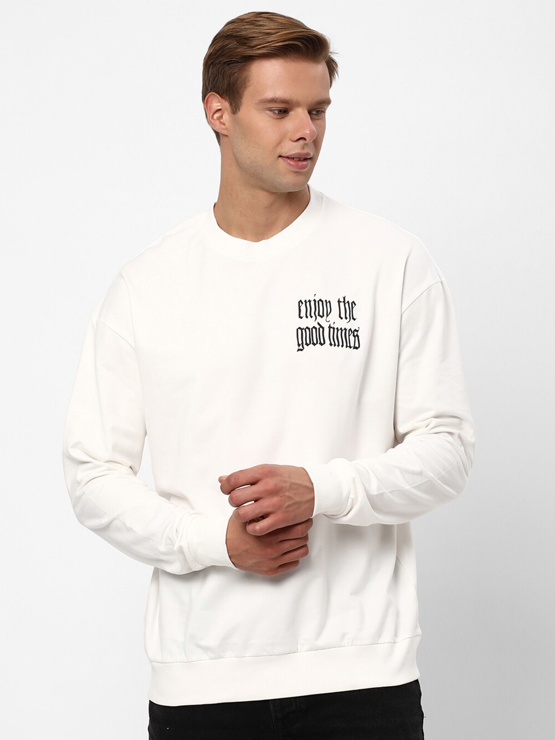

R&B Printed Round Neck Cotton Sweatshirt, White