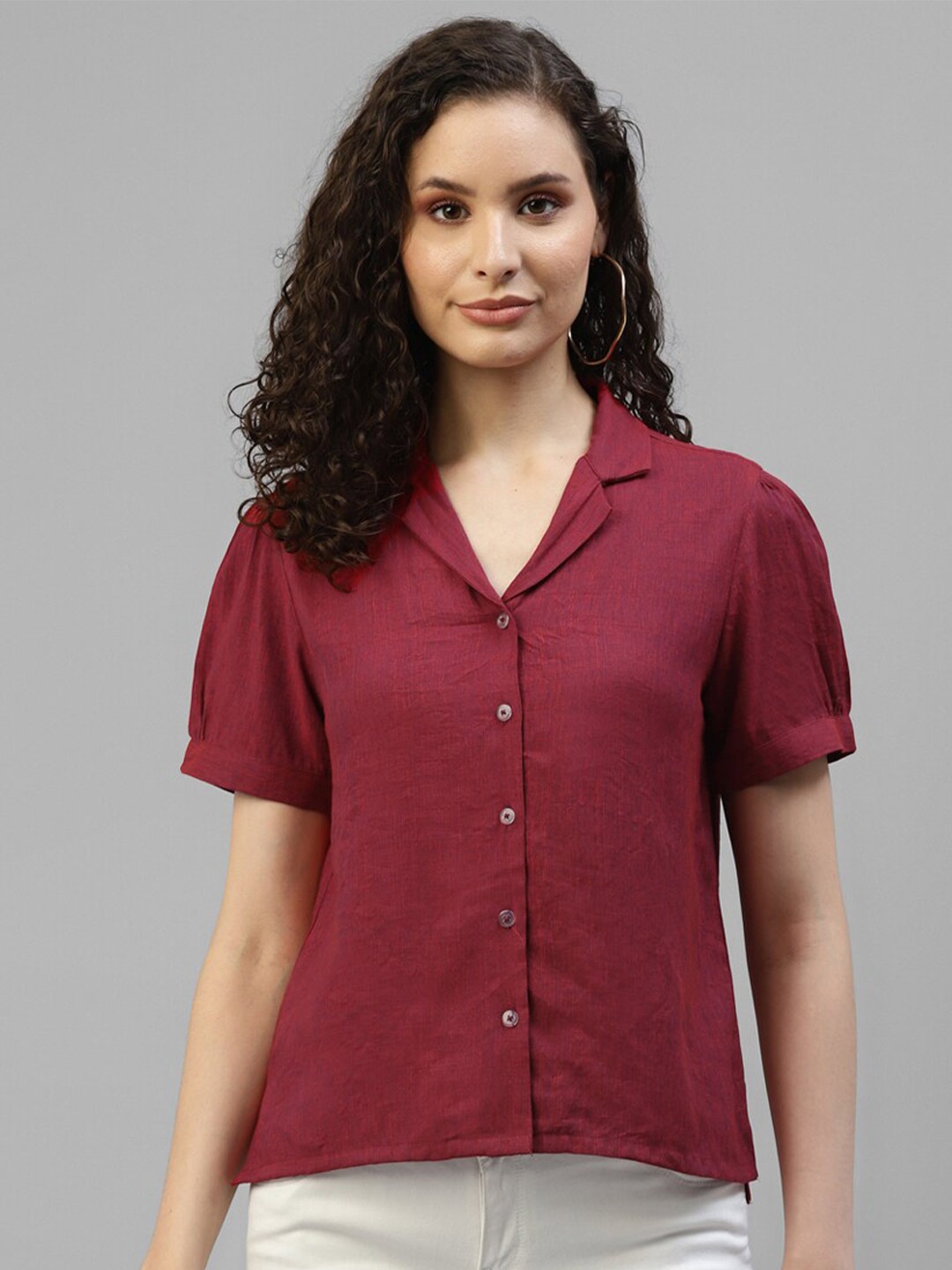 

DEEBACO Puff Sleeves Classic Opaque Casual Shirt, Burgundy