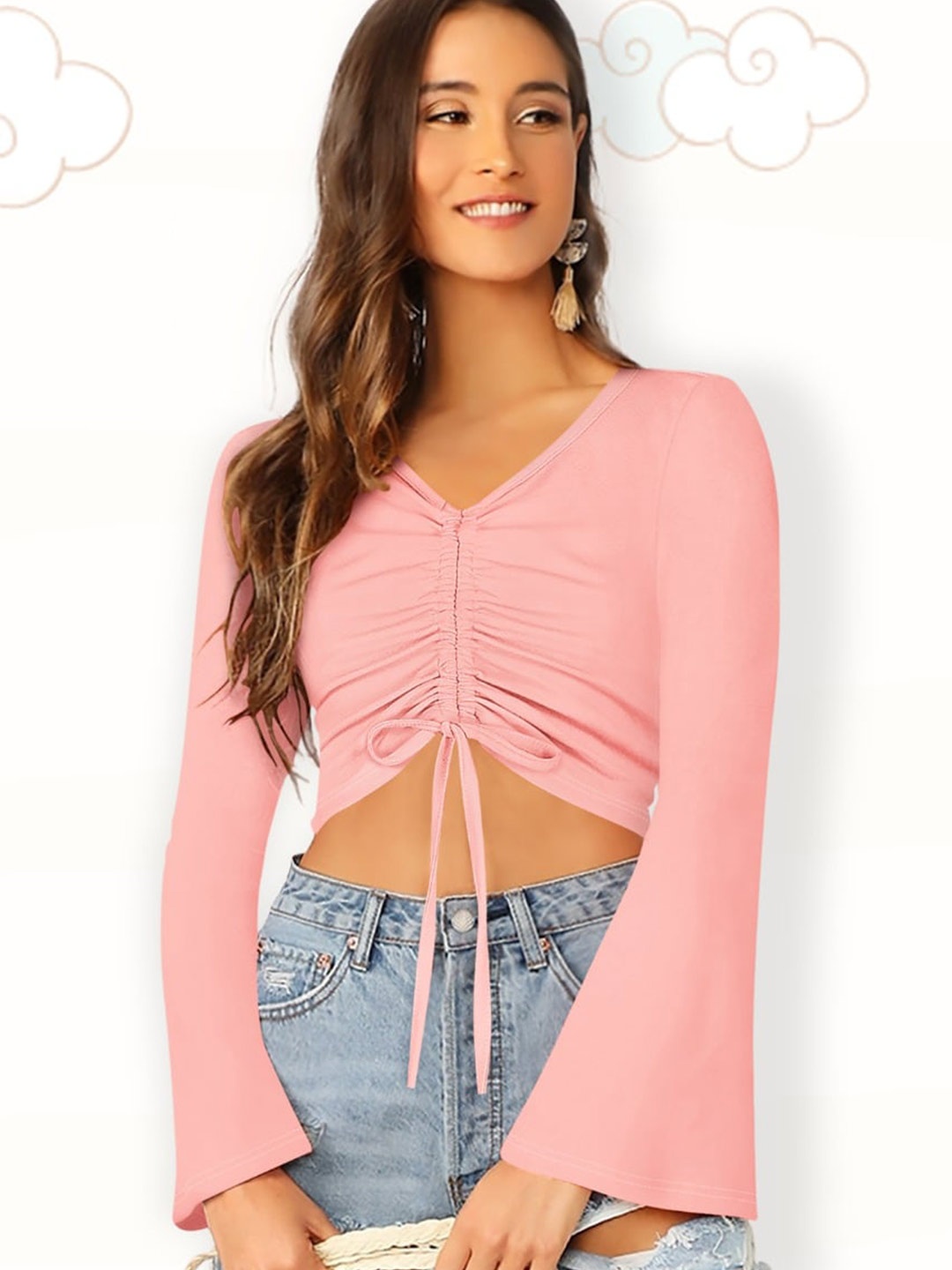 

BAESD Peach-Coloured Bell Sleeve Crop Top