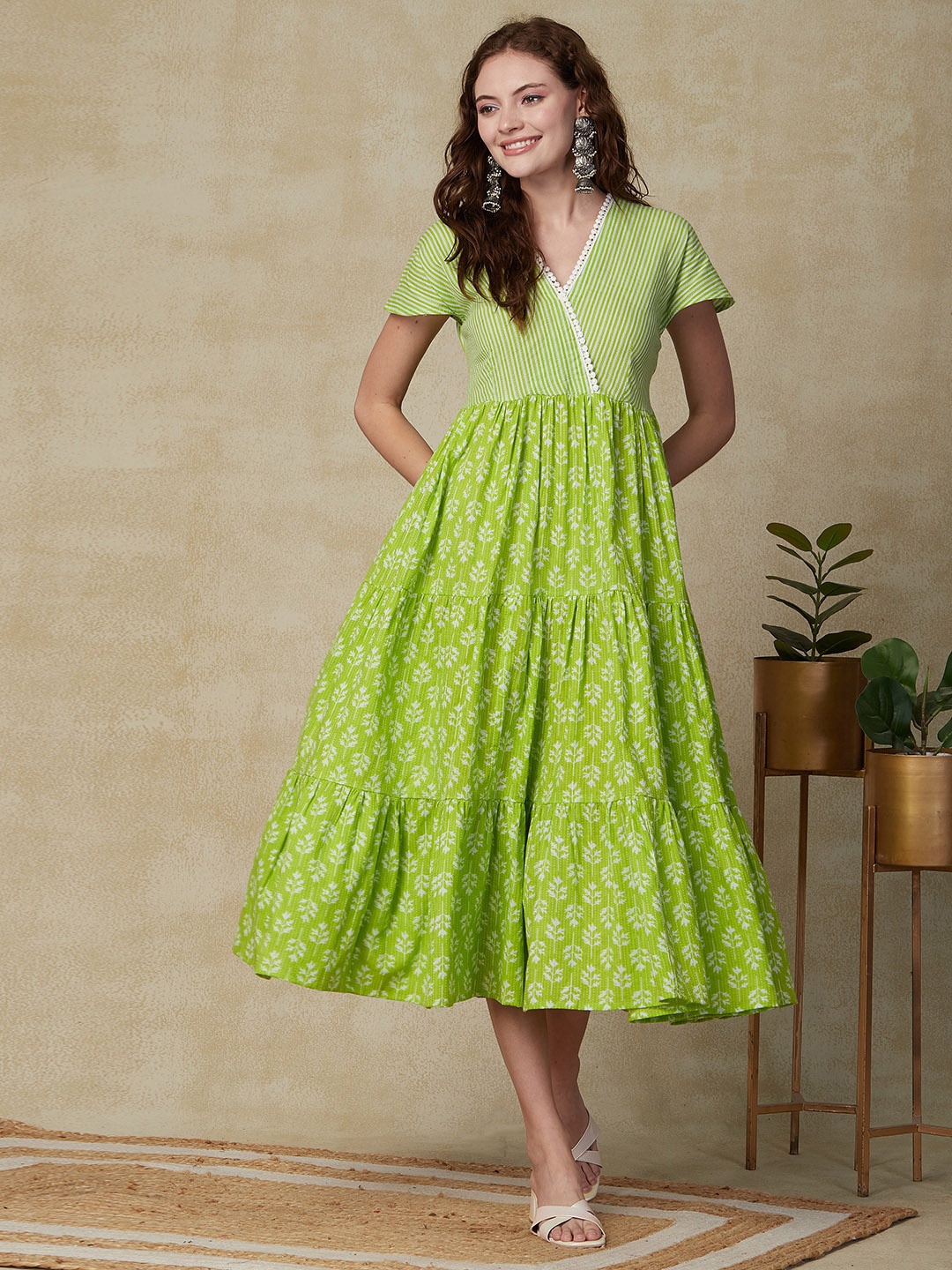 

FASHOR Printed Fit & Flare Cotton Ethnic Dress, Green