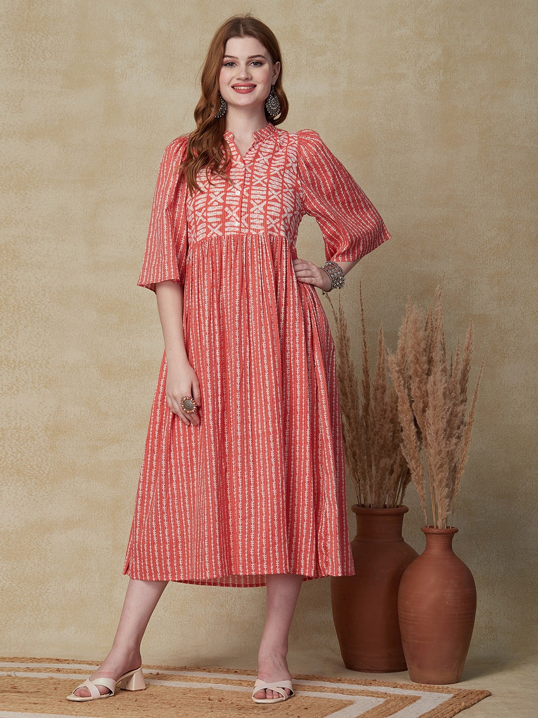 

FASHOR Striped Mandarin Collar Cotton A-Line Midi Dress, Peach