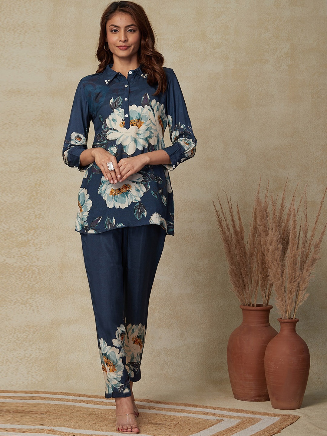 

FASHOR Floral Printed Shirt Collar Top With Trousers, Blue