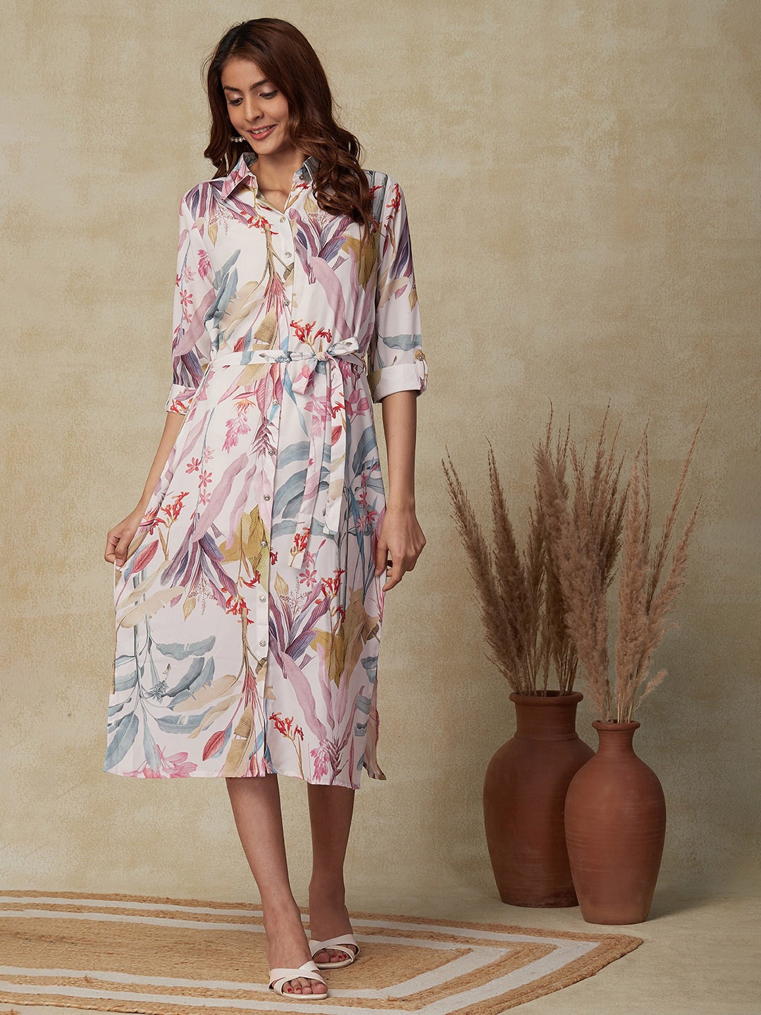 

FASHOR Floral Printed Shirt Collar A-Line Midi Dress, Off white