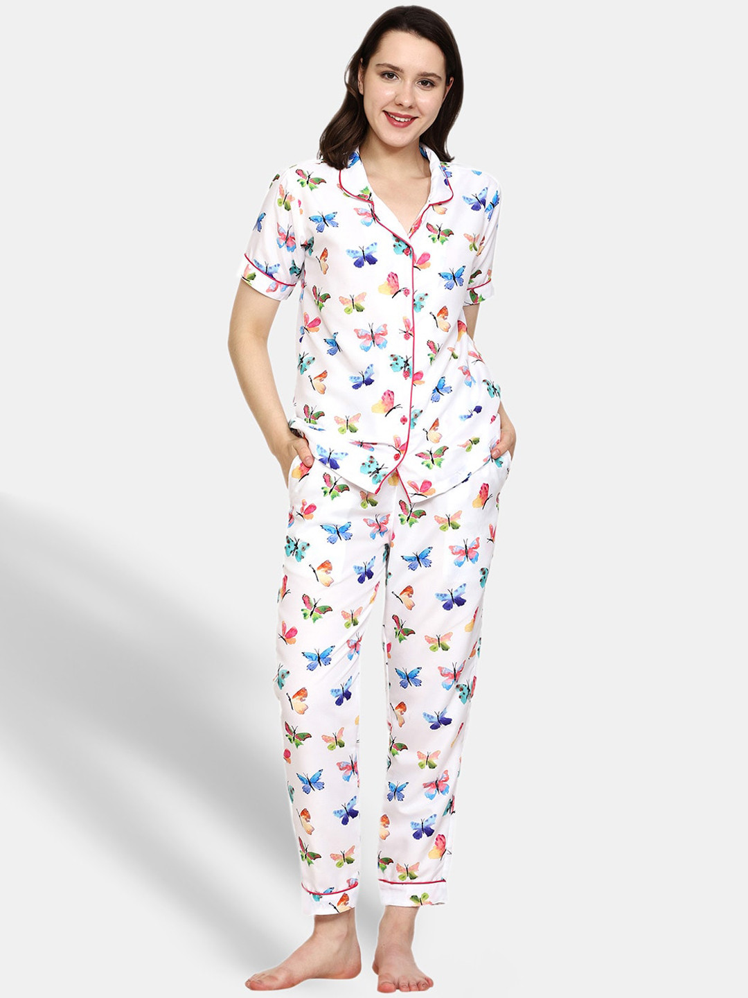 

Urban Komfort Butterfly Printed Lapel Collar Short Sleeves Shirt & Pyjamas, White