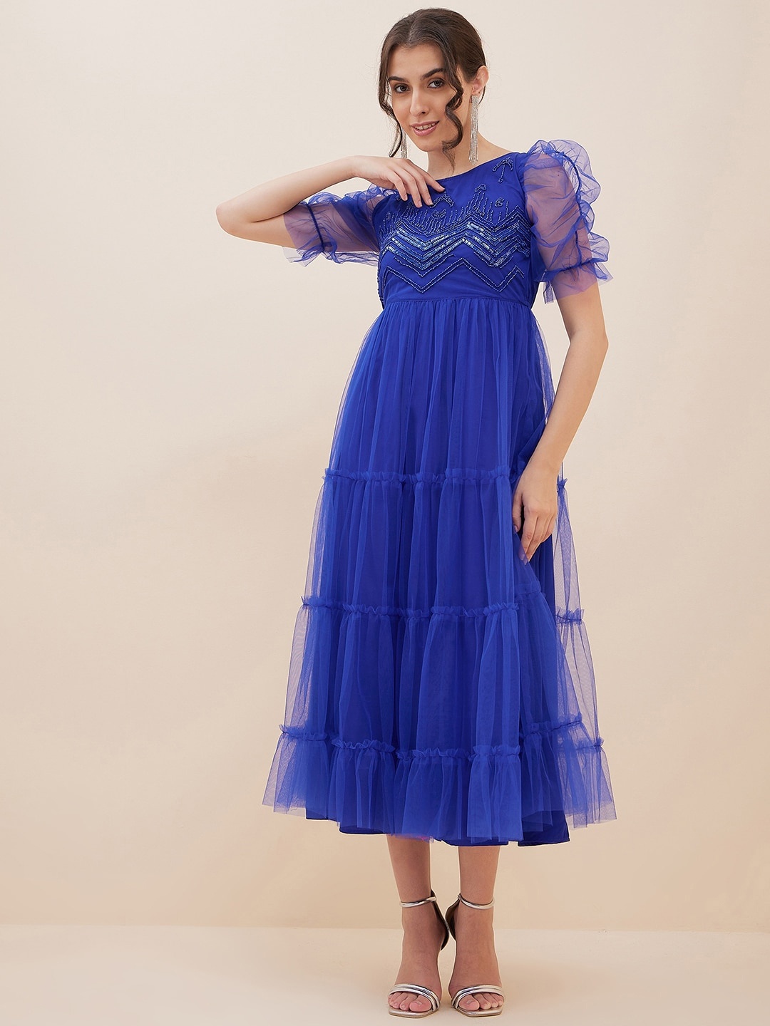 

Antheaa Boat Neck Puff Sleeves Sequinned Net Empire Midi Dress, Blue