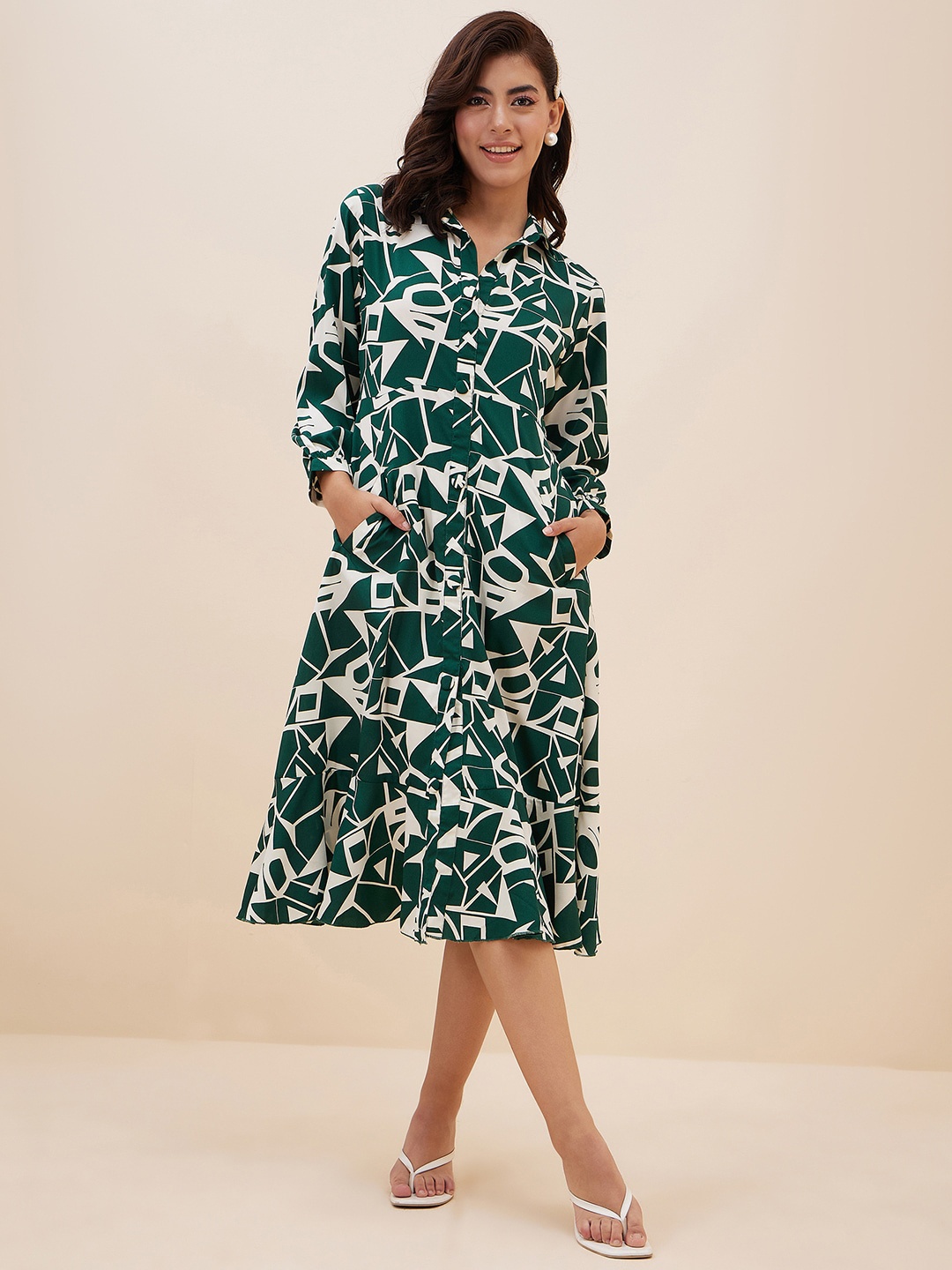 

Antheaa Geometric Printed Shirt Midi Dress, Green