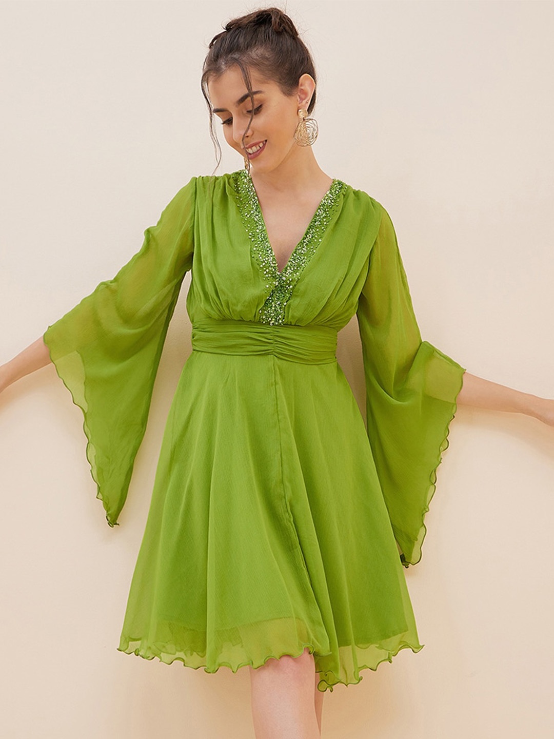 

Antheaa Embelllished V-Neck Flared Sleeves Fit & Flare Dress, Green