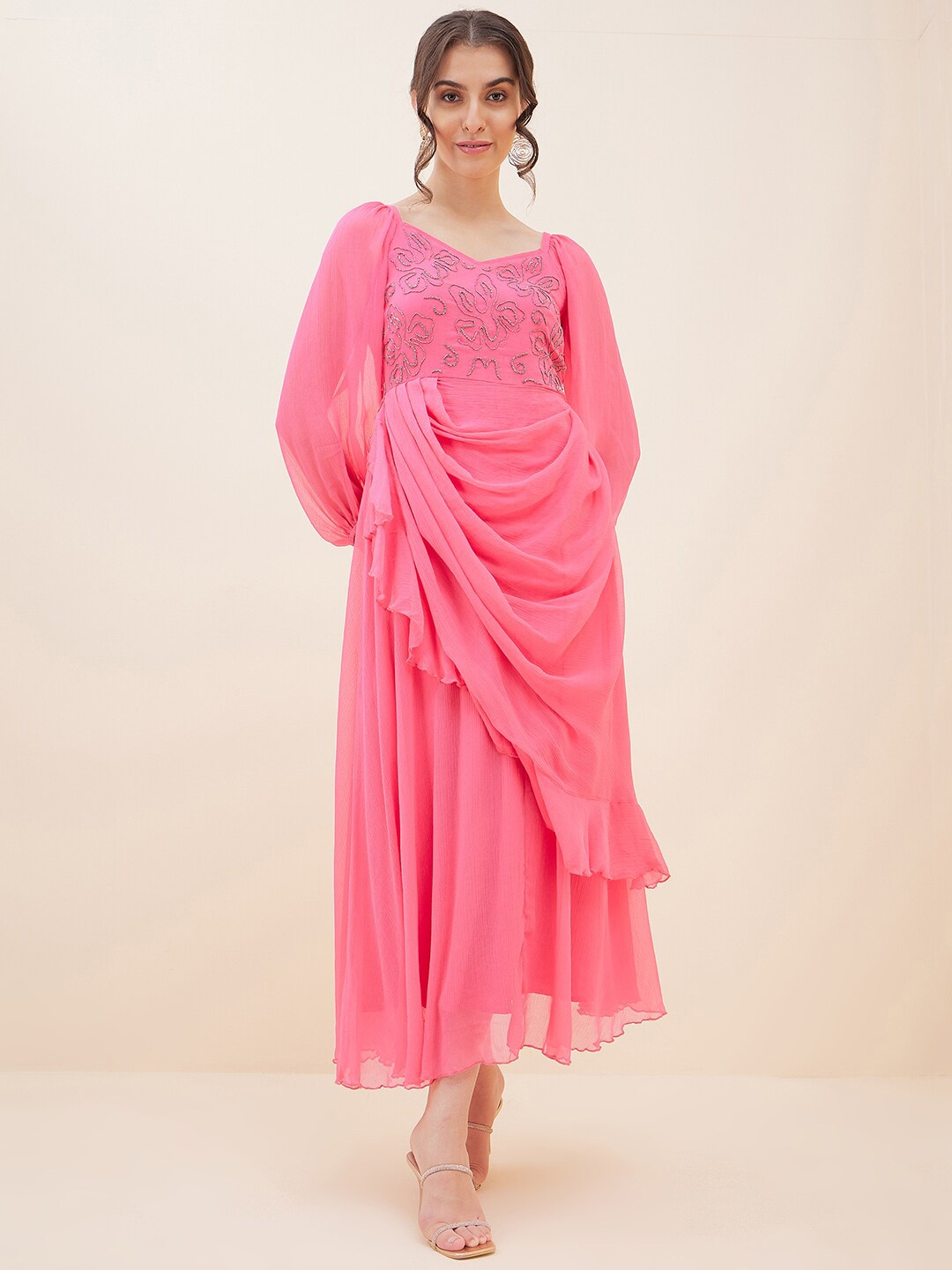 

Antheaa Embellished Layered Chiffon Fit and Flare Maxi Dress, Pink