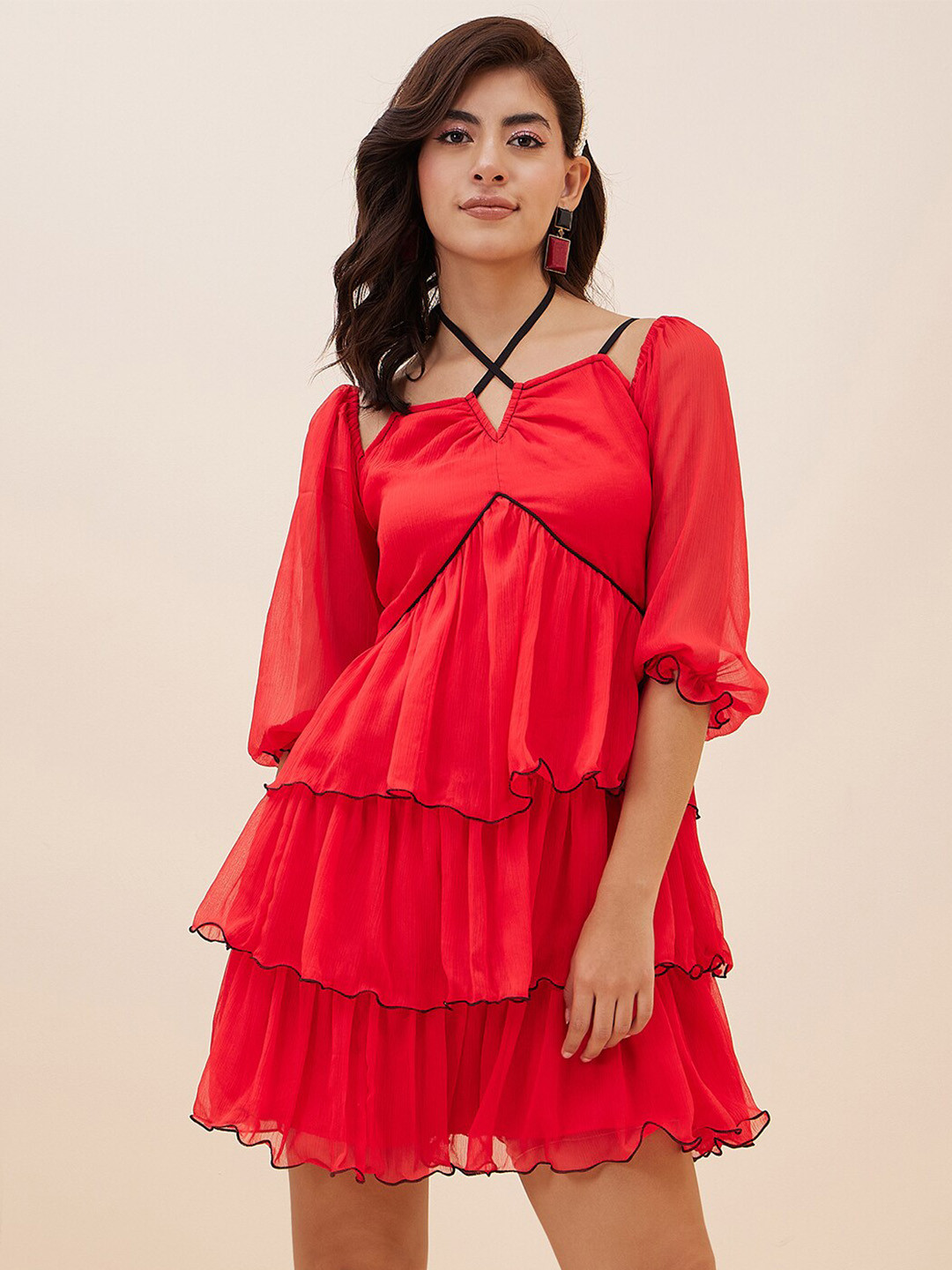 

Antheaa Puff Sleeves Fit & Flare Dress, Red