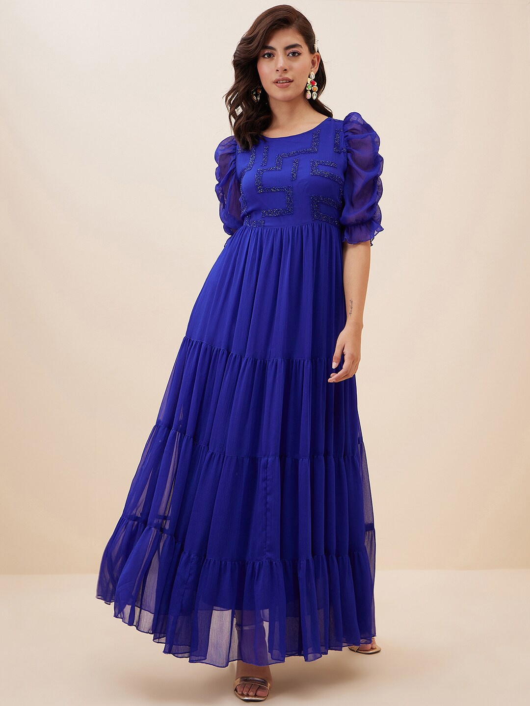 

Antheaa Embellished Puff Sleeves Chiffon Fit and Flare Maxi Dress, Blue