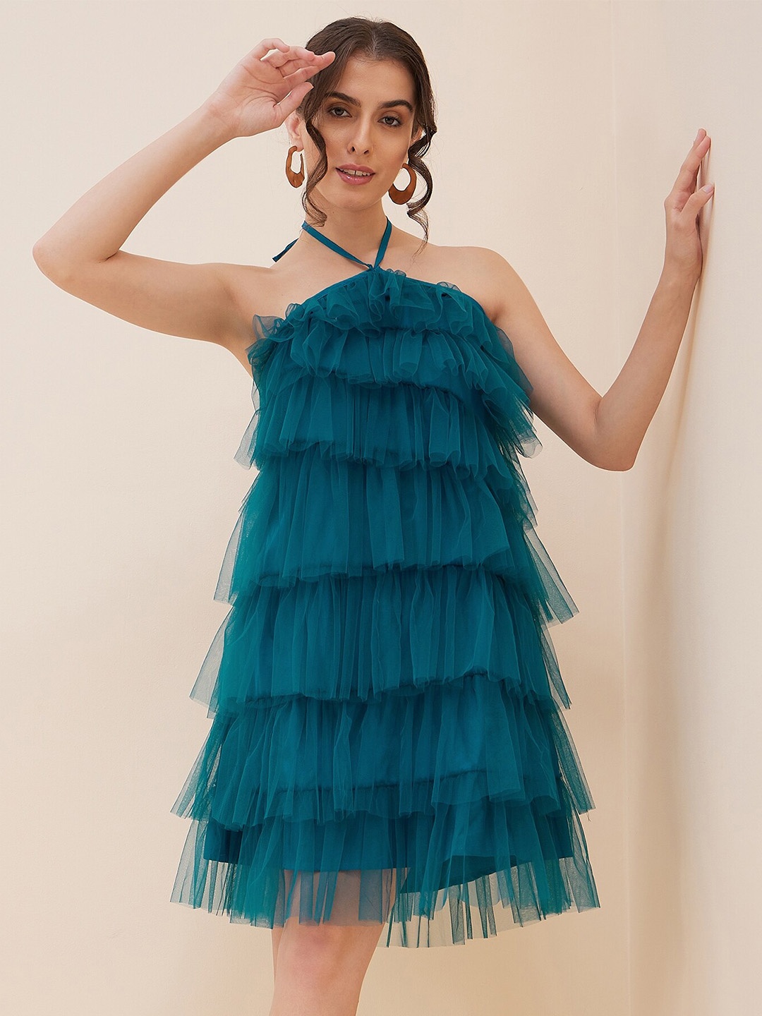 

Antheaa Halter Neck Sleeveless Layered Net A-Line Dress, Teal