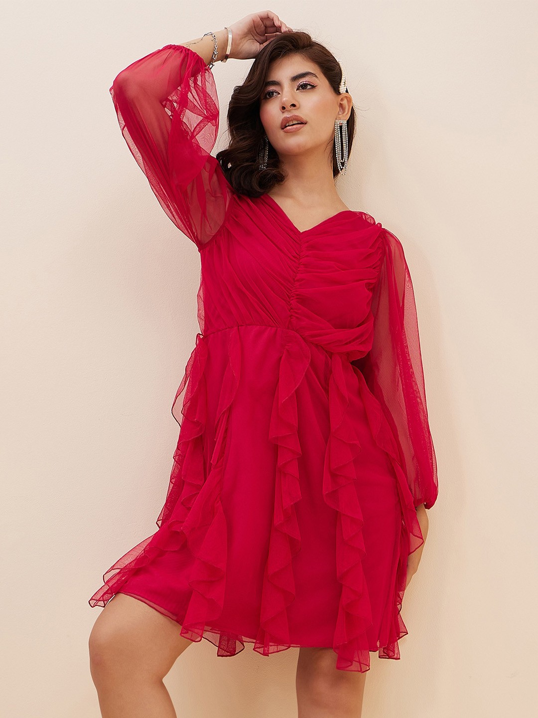 

Antheaa Puff Sleeves Ruched Net Fit & Flare Dress, Fuchsia