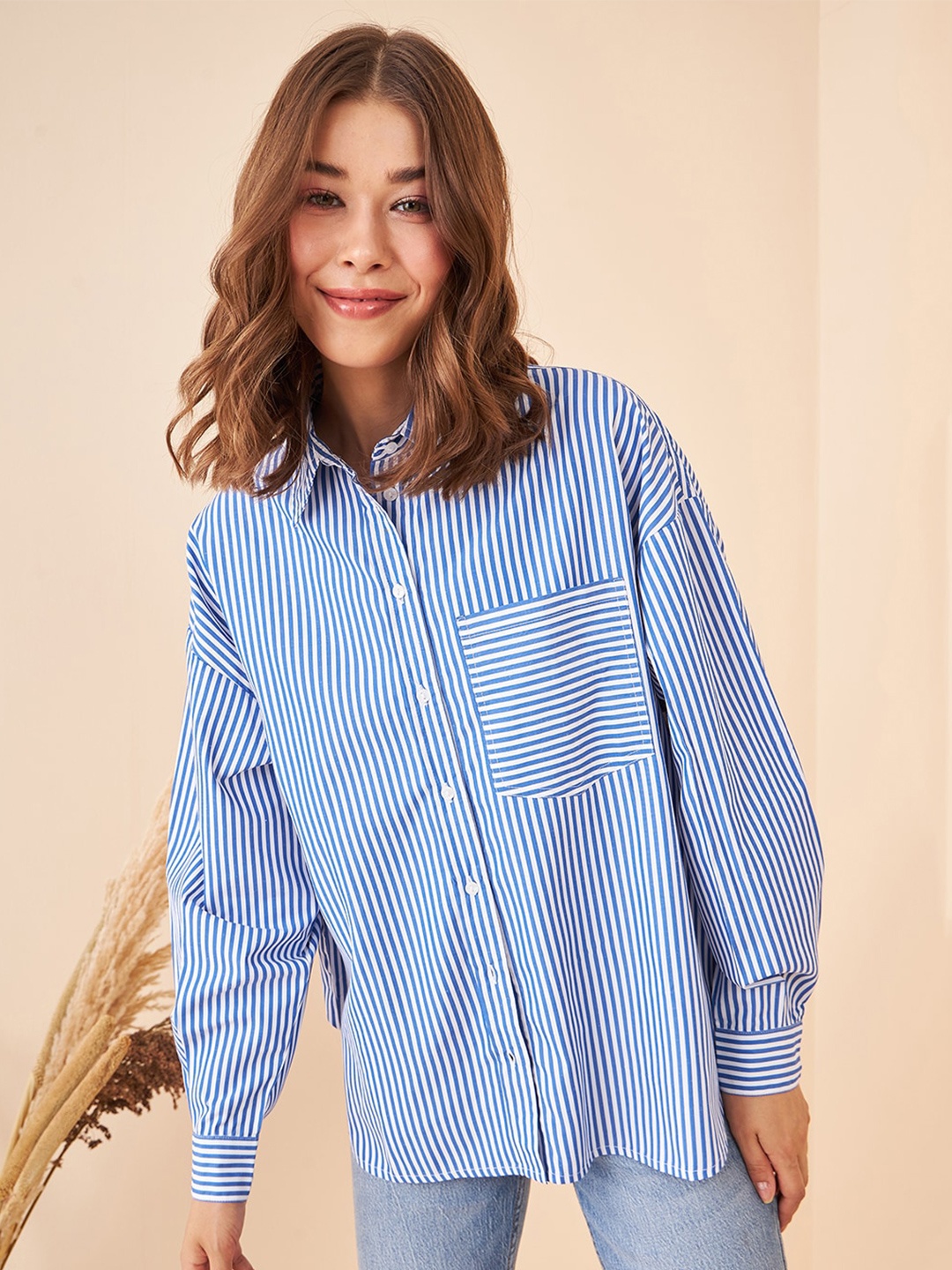 

Kibo Comfort Vertical Striped Cotton Oversized Shirt, Blue