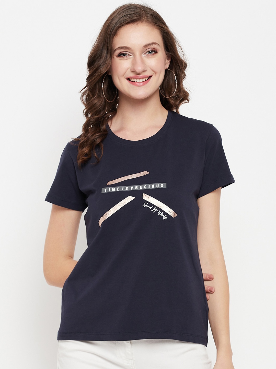 Cantabil Typography Printed Cotton T-shirt, Navy blue