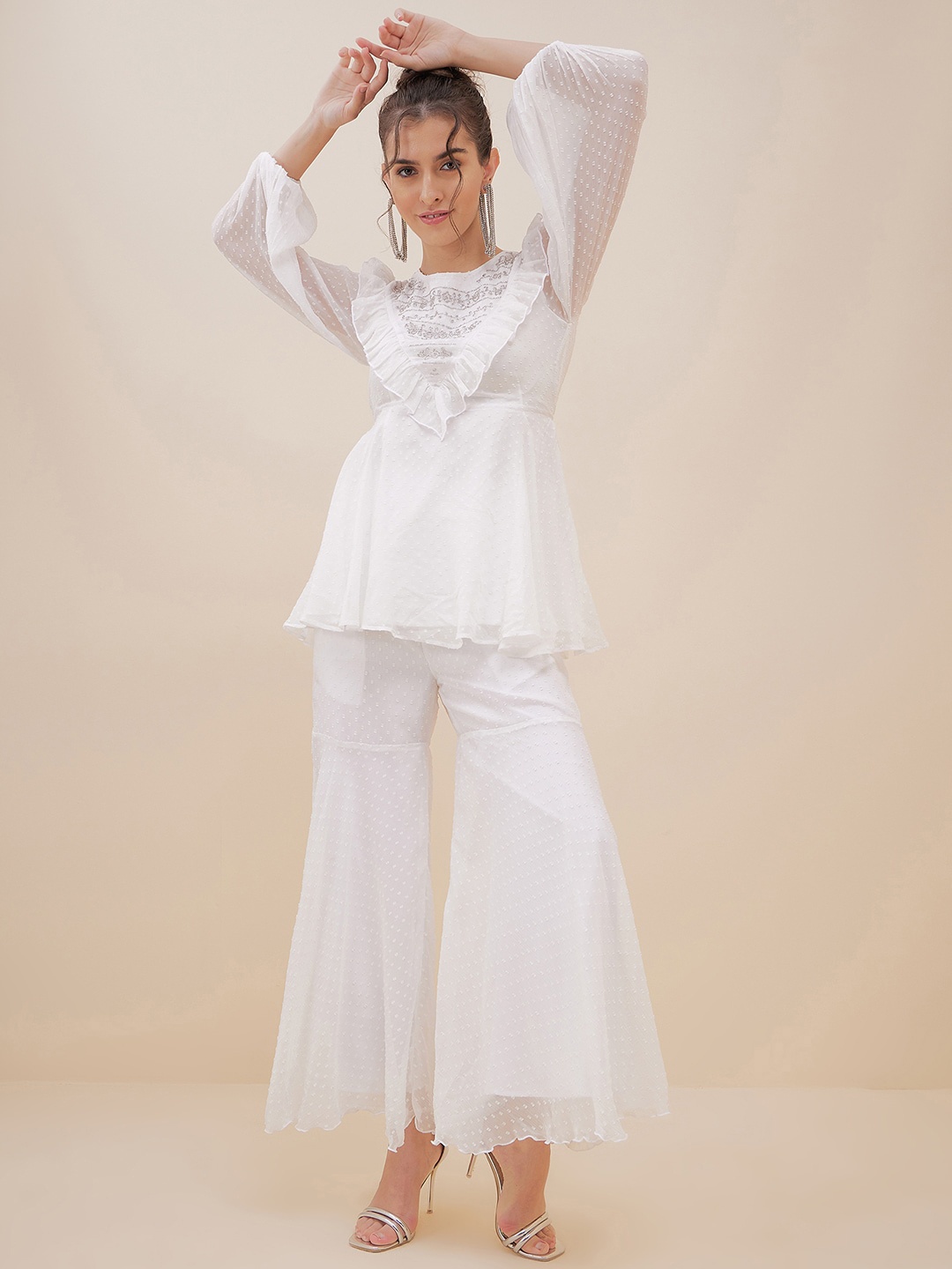 

Antheaa Off White Self Design Embellished Puffed Sleeves Top With Palazzos